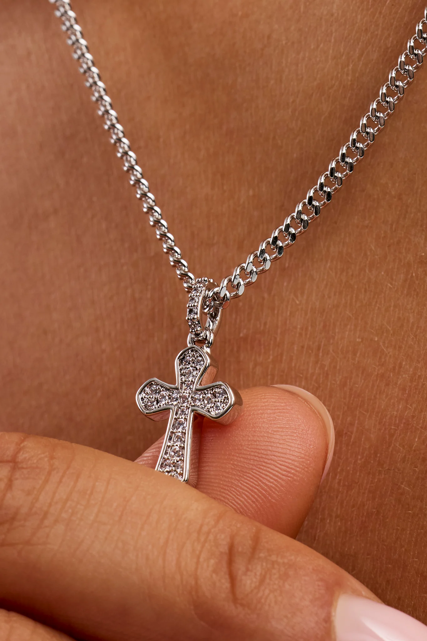 Clear CZ Cross Necklace - 15mm - White - Image 4