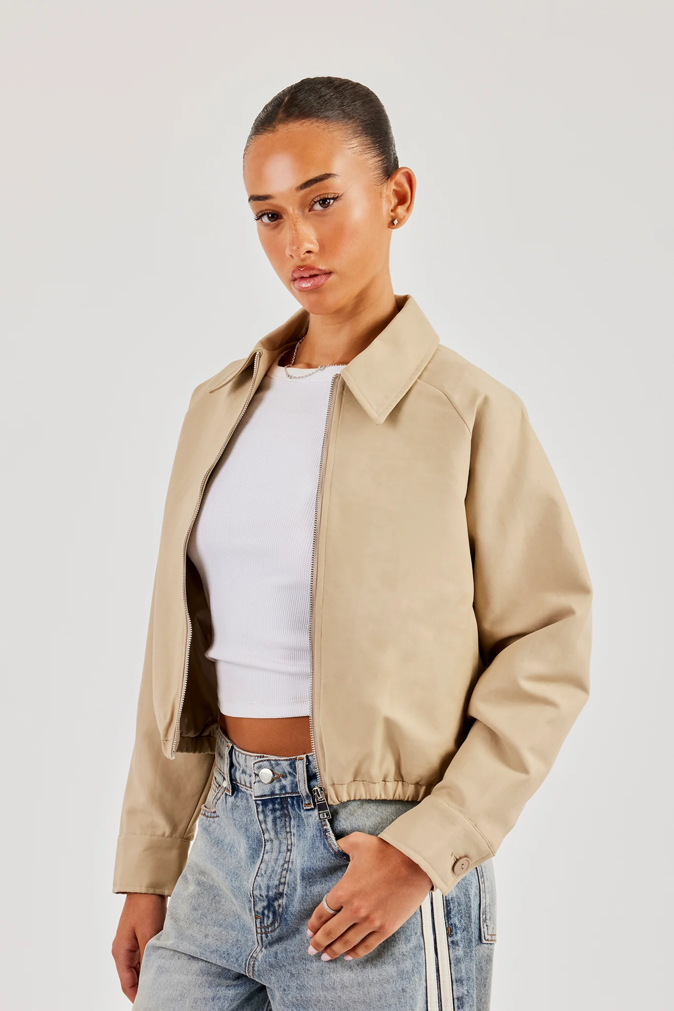 Collared Twill Bomber Jacket - Beige