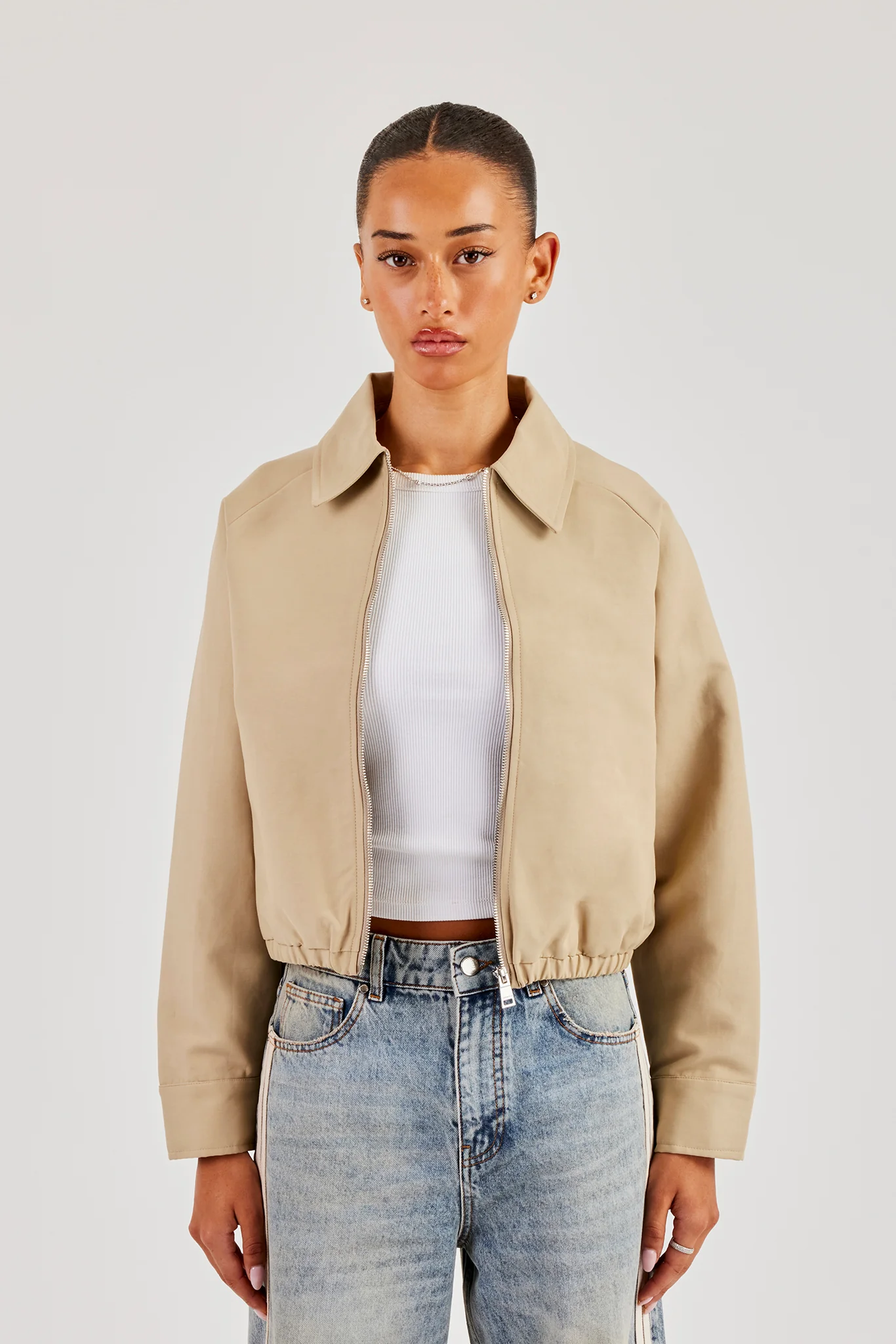 Collared Twill Bomber Jacket - Beige - Image 3
