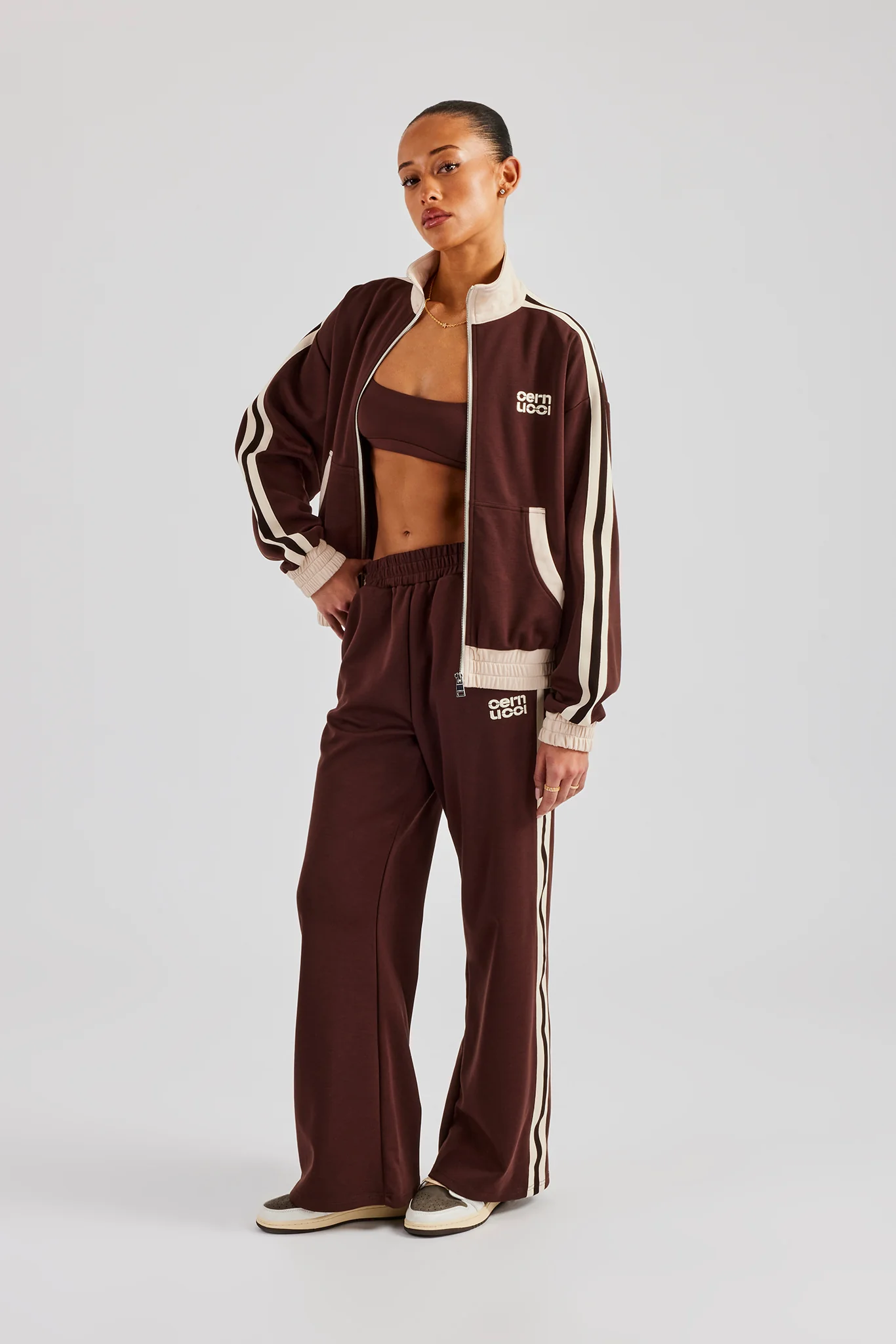 Colour Block Wide Leg Track Pant - Chocolate - Image 2