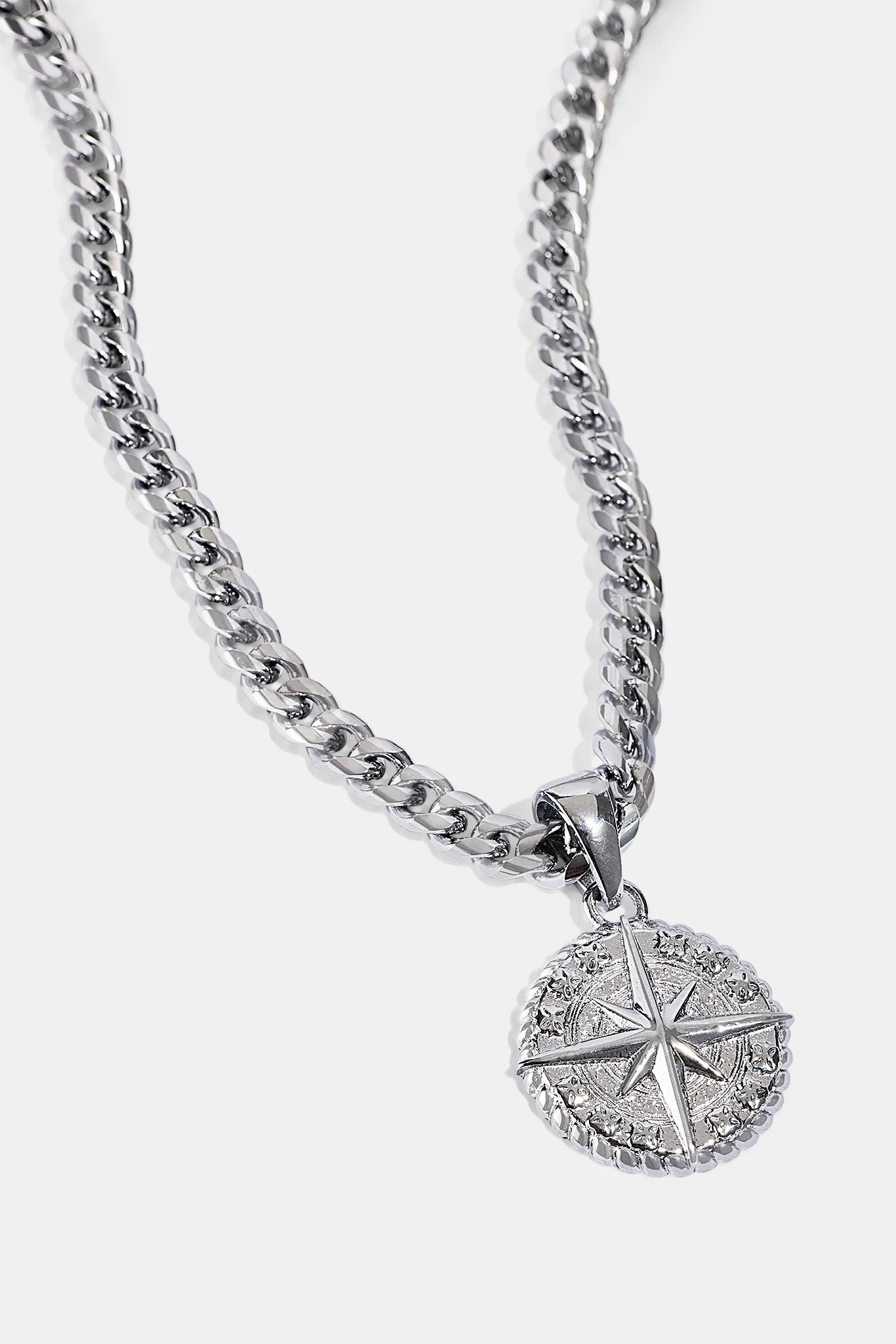 Compass Pendant & 5mm Miami Cuban Necklace - White - Image 4