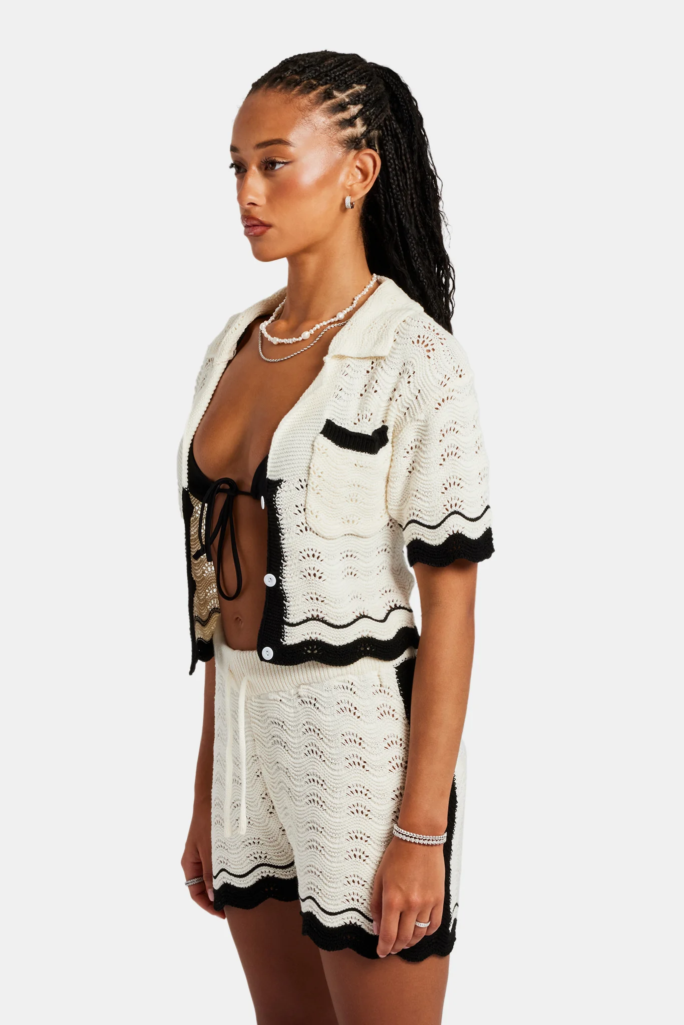 Contrast Crochet Knitted Shirt - Off White - Image 3