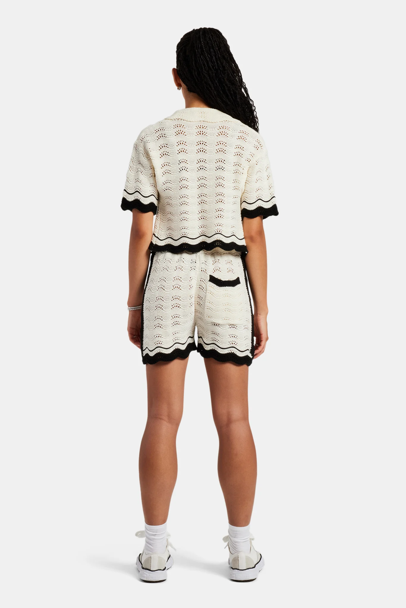 Contrast Crochet Knitted Shirt & Short Set - Off White - Image 3