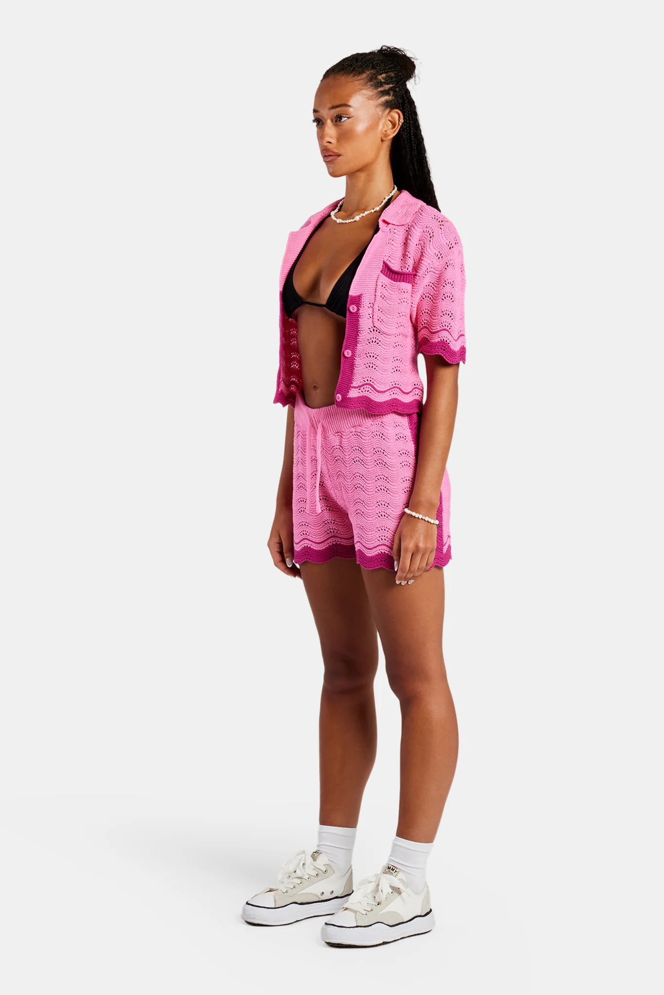 Contrast Crochet Knitted Shirt & Short Set - Pink - Image 2