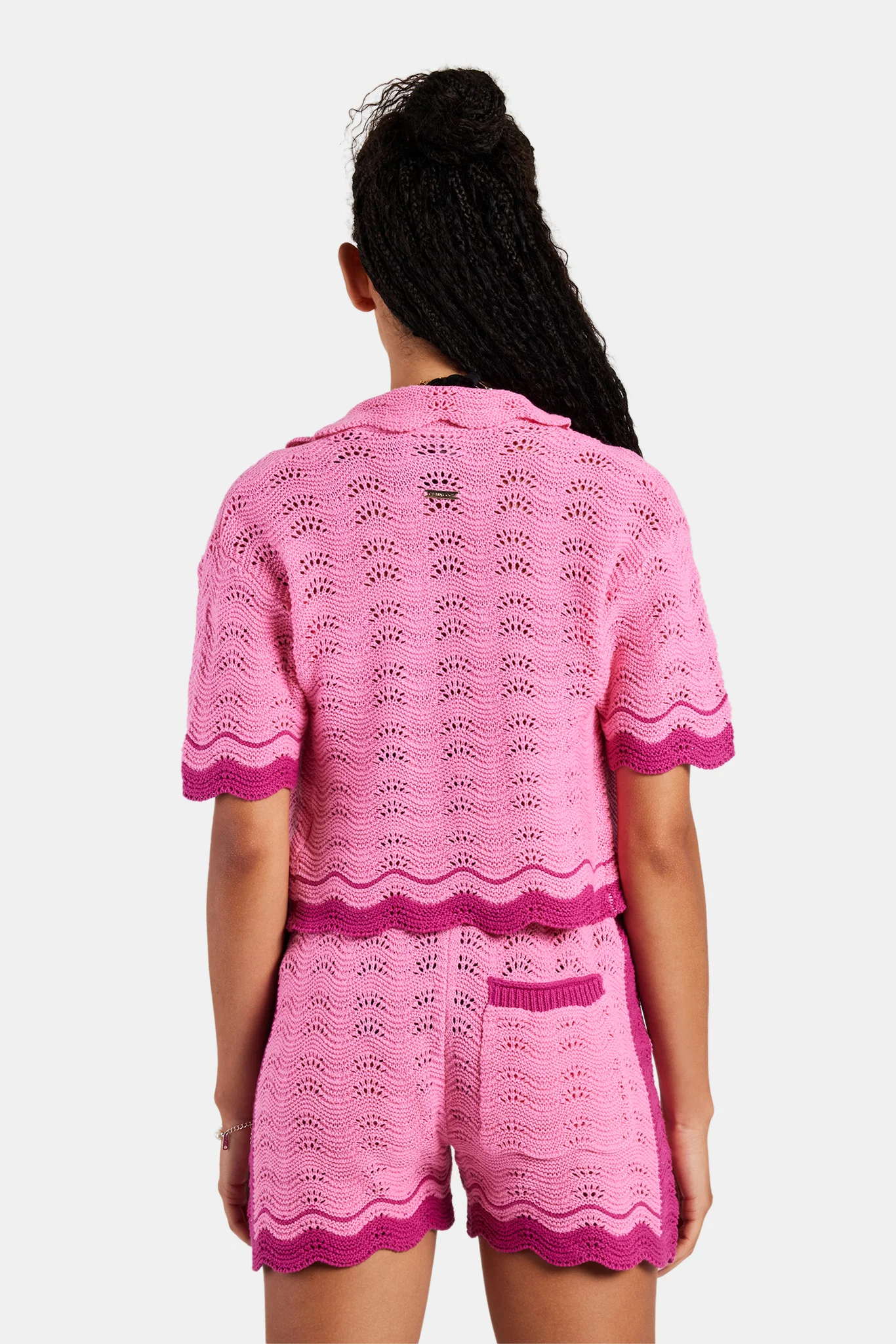 Contrast Crochet Knitted Shirt & Short Set - Pink - Image 5