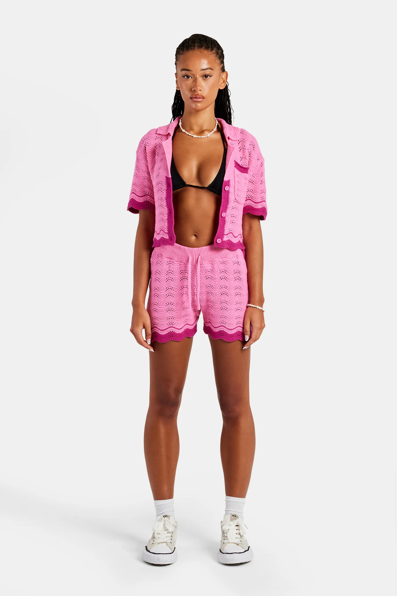 Contrast Crochet Knitted Short - Pink