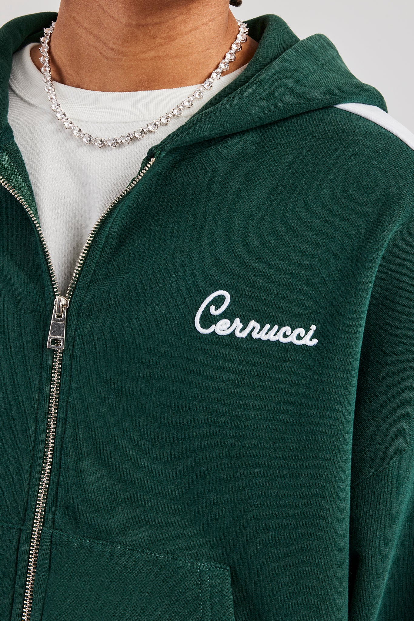Contrast Panel Boxy Zip Through Hoodie - Forest Green - Image 2