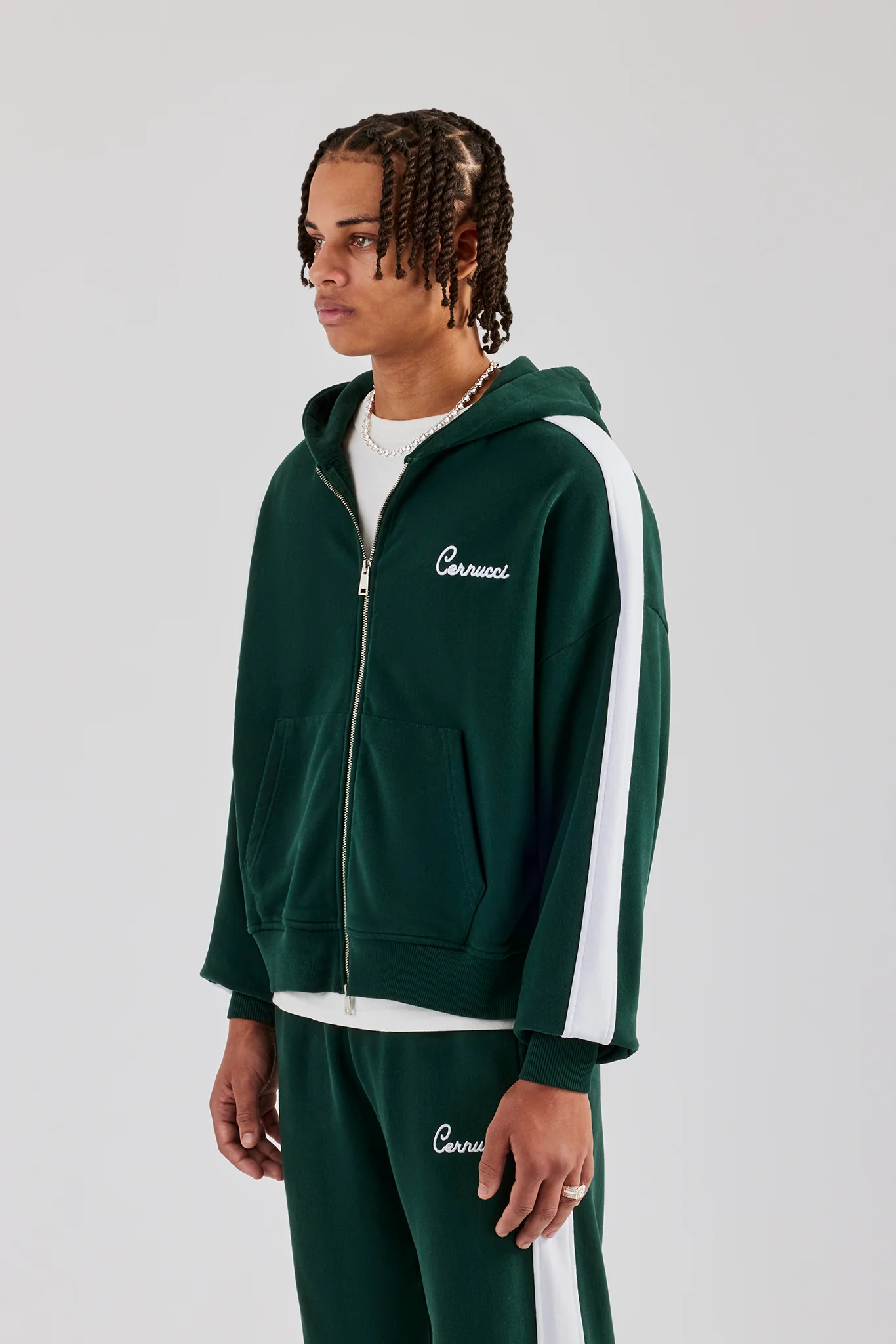 Contrast Panel Boxy Zip Through Hoodie - Forest Green - Image 3