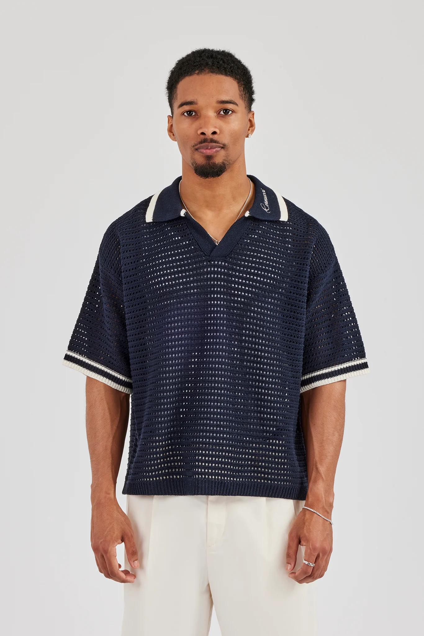 Contrast Rib Knit Polo - Navy - Image 2