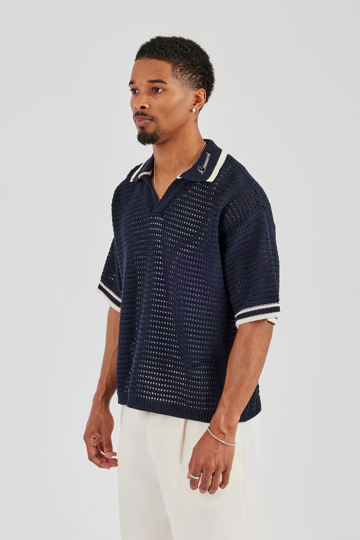 Contrast Rib Knit Polo - Navy - Image 3