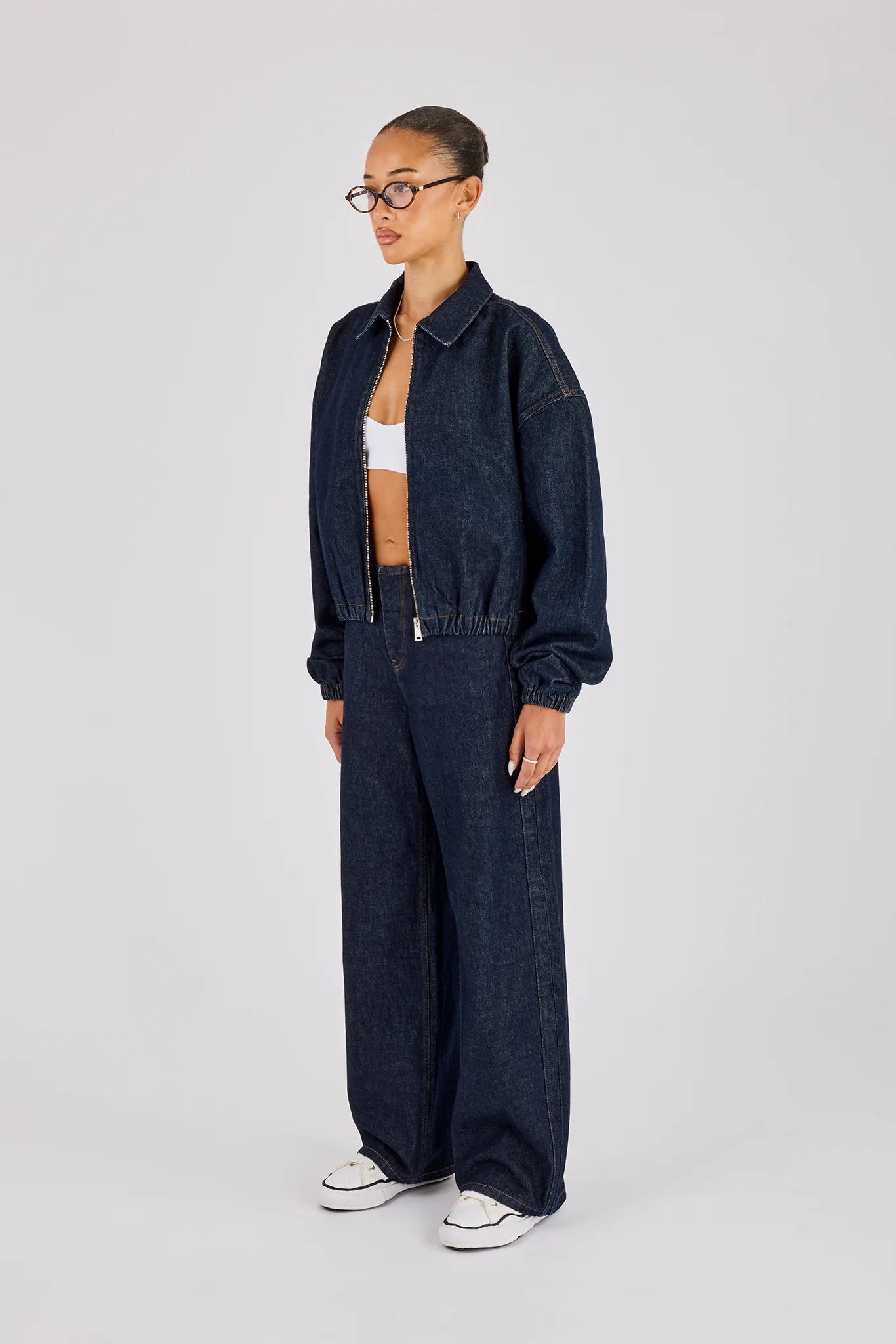 Contrast Stitch Denim Collared Bomber & Denim Jean - Indigo - Image 2