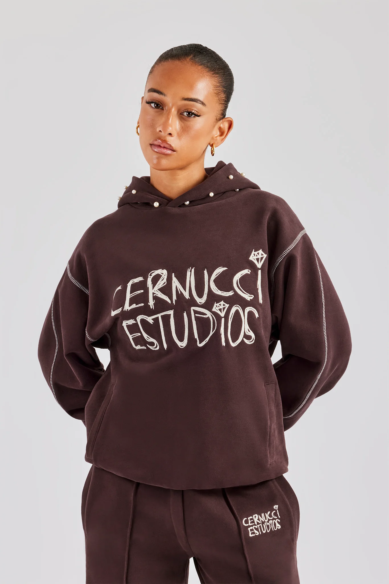 Contrast Stitch Pearl Hoodie - Chocolate - Image 6