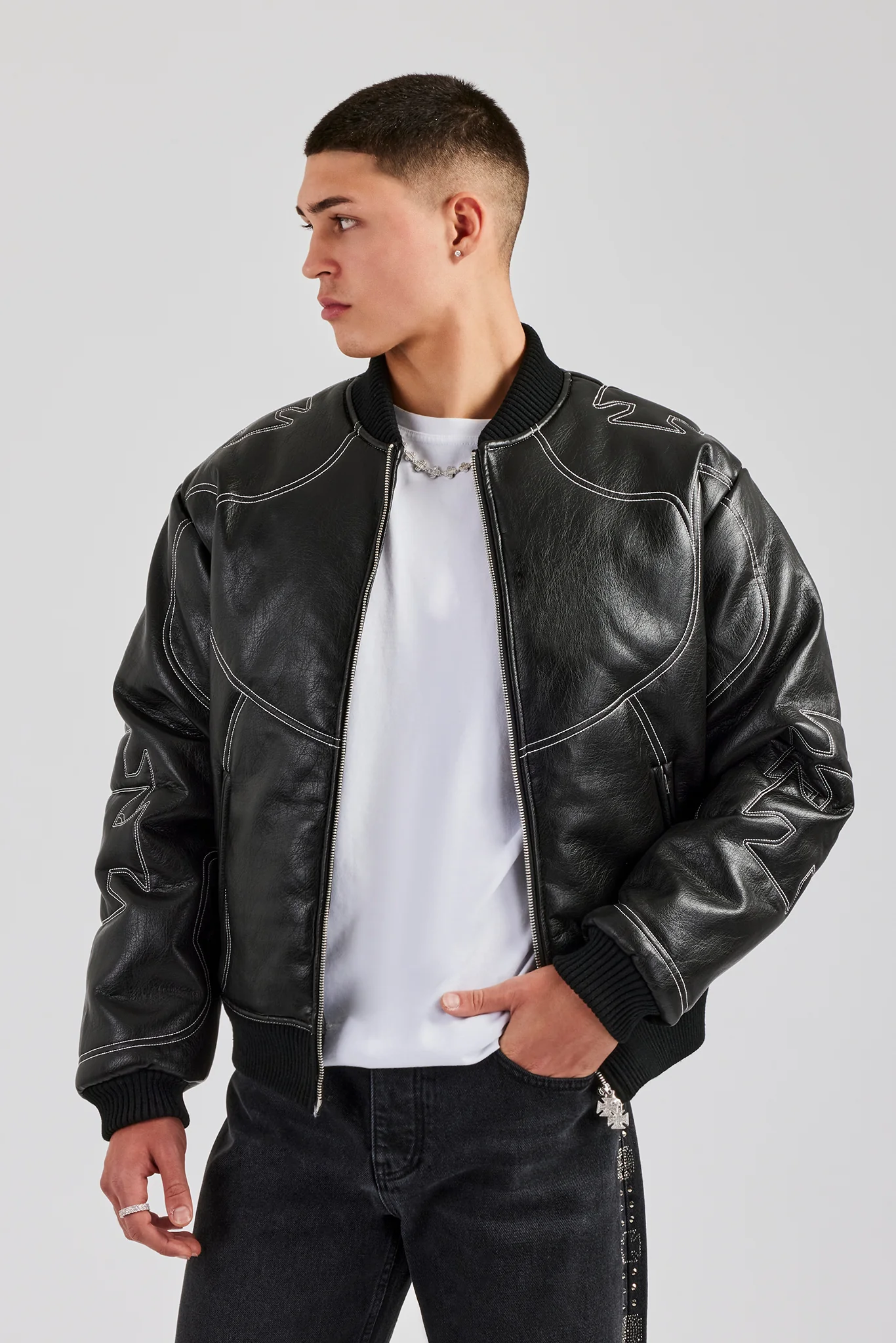 Contrast Stitch PU Bomber Jacket - Image 2