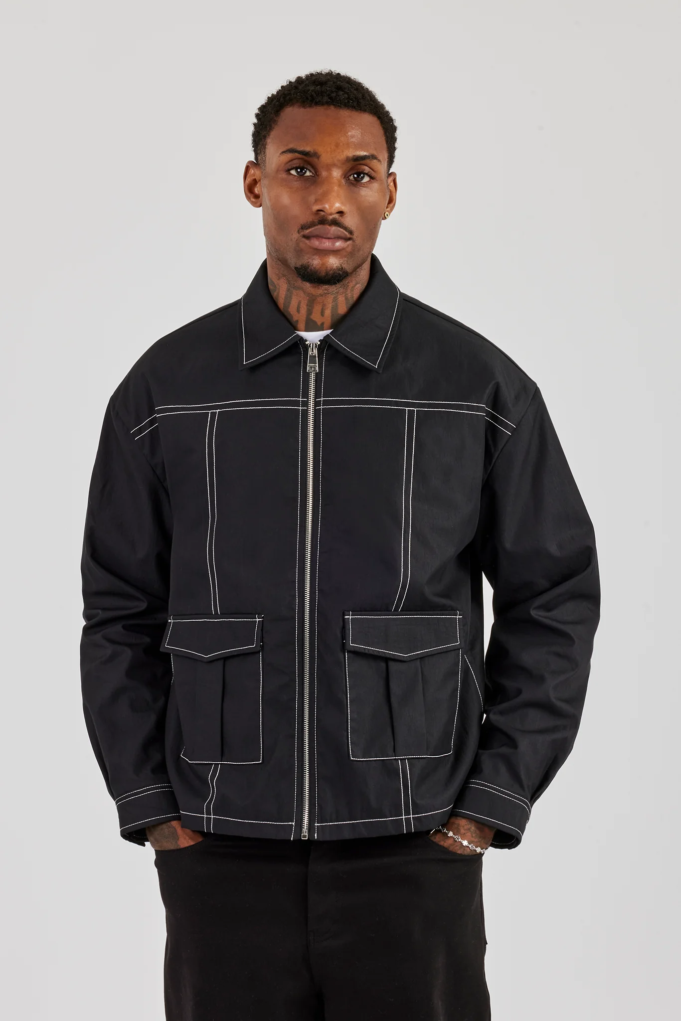 Contrast Stitch Utility Jacket - Black - Image 3