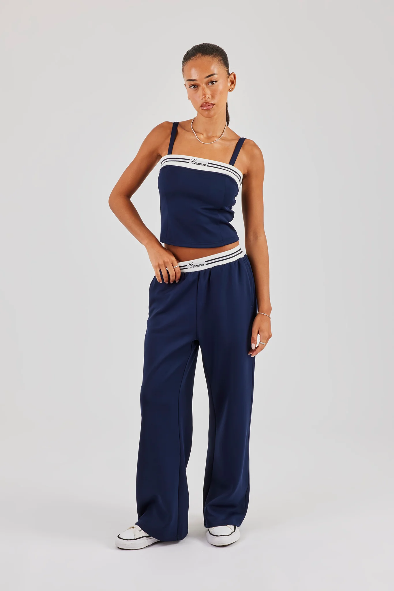 Contrast Waist Wide Leg Trouser - Navy Blue - Image 2