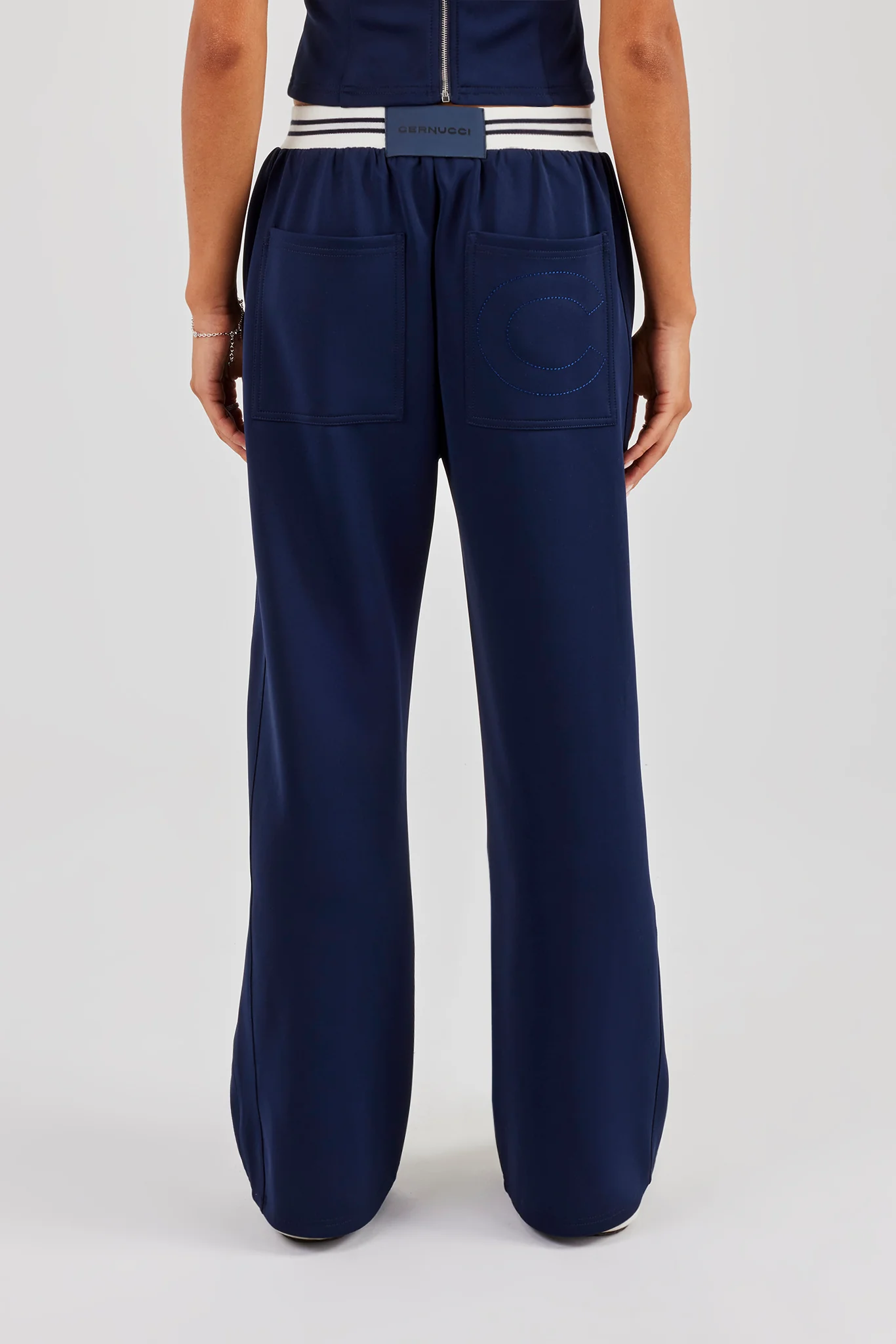 Contrast Waist Wide Leg Trouser - Navy Blue - Image 3