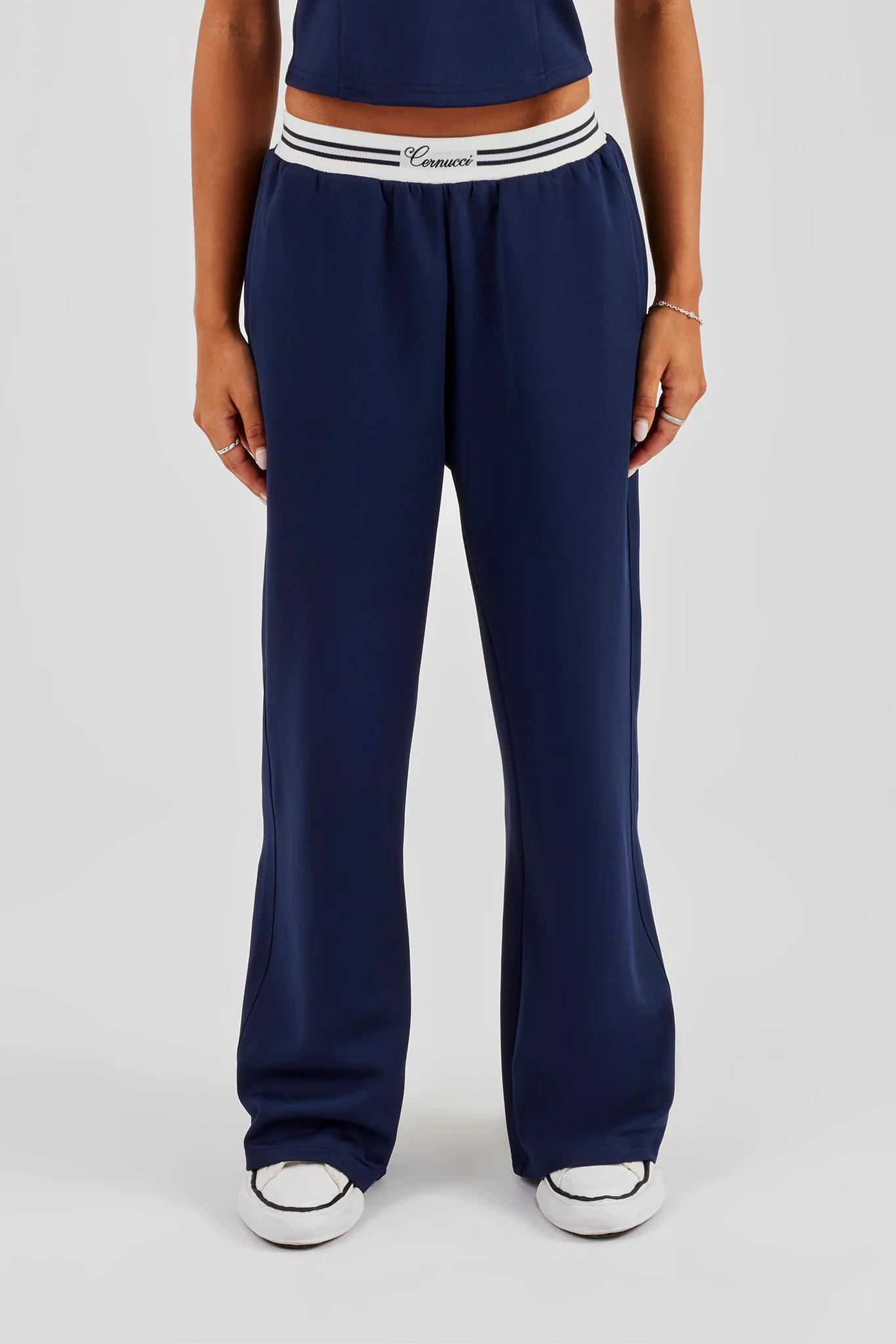 Contrast Waist Wide Leg Trouser - Navy Blue - Image 4