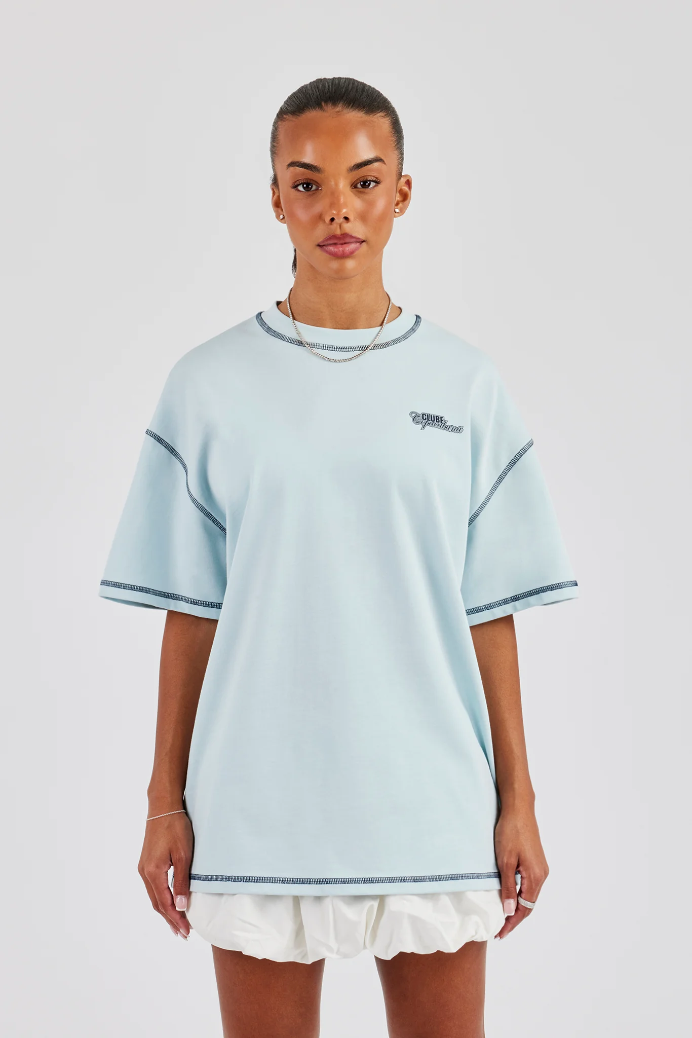 Copacabana Contrast Stitch Oversized T-Shirt - Baby Blue - Image 4