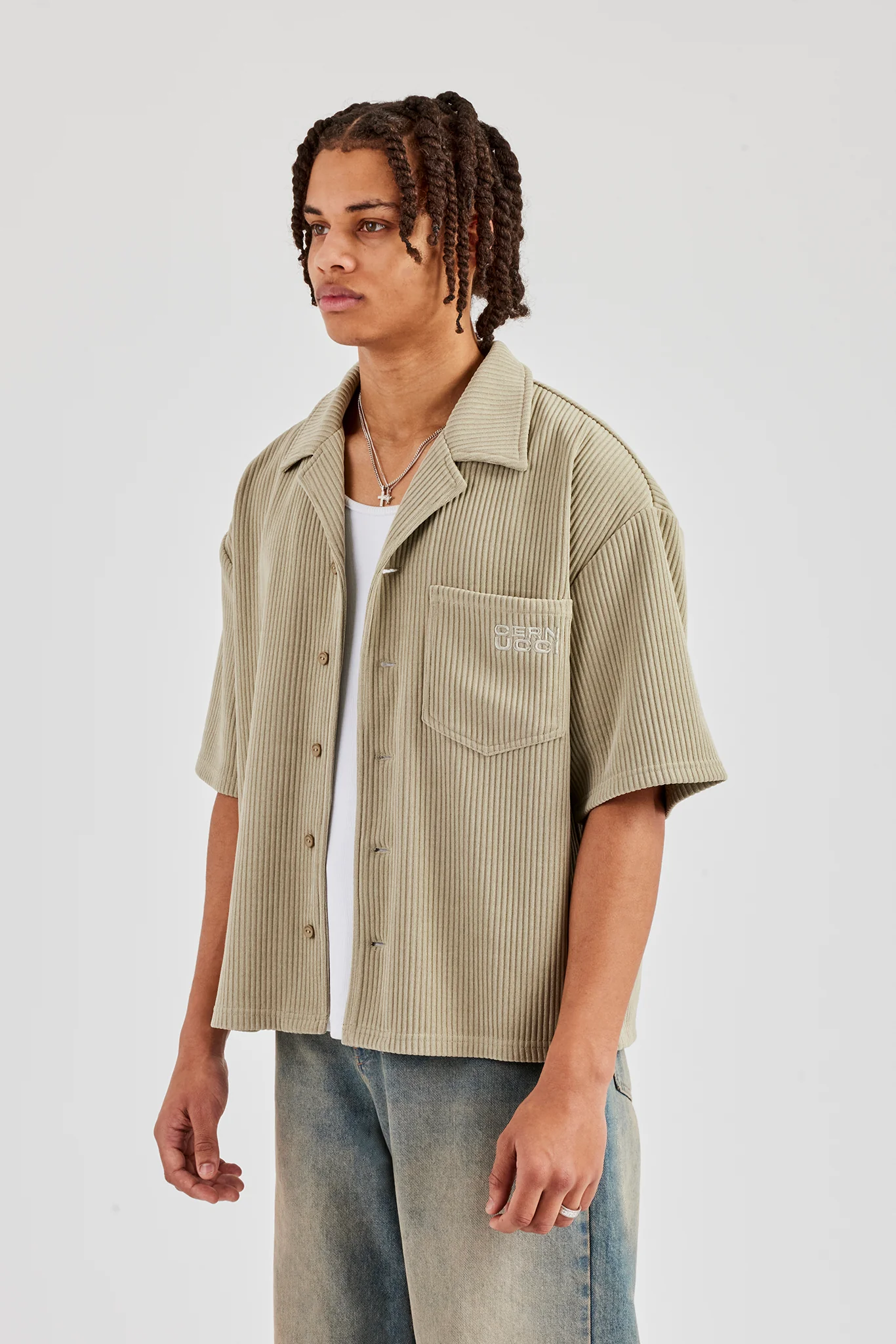 Cord Button Front Revere Shirt - Khaki - Image 4