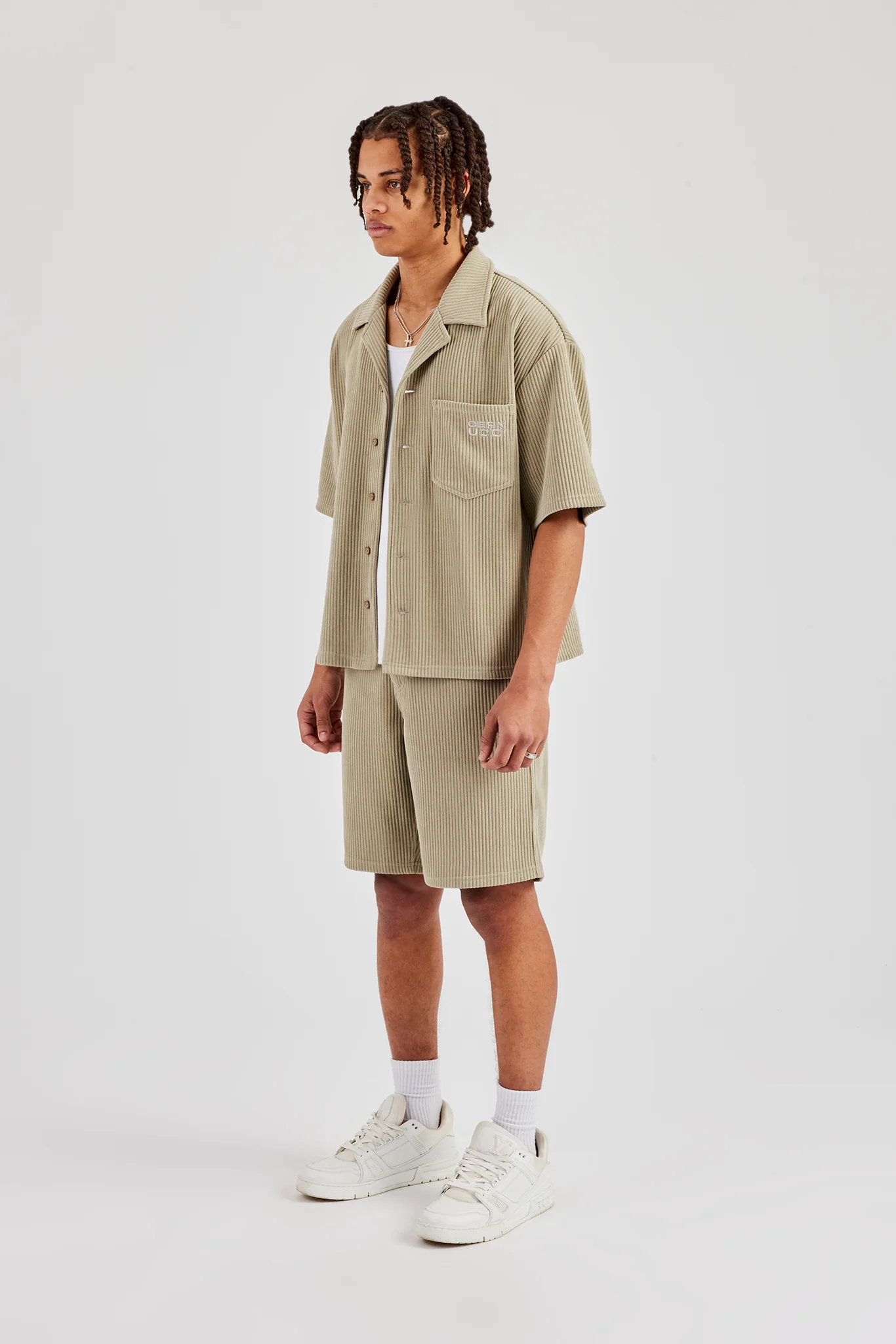Cord Button Front Revere Shirt & Shorts - Khaki - Image 2