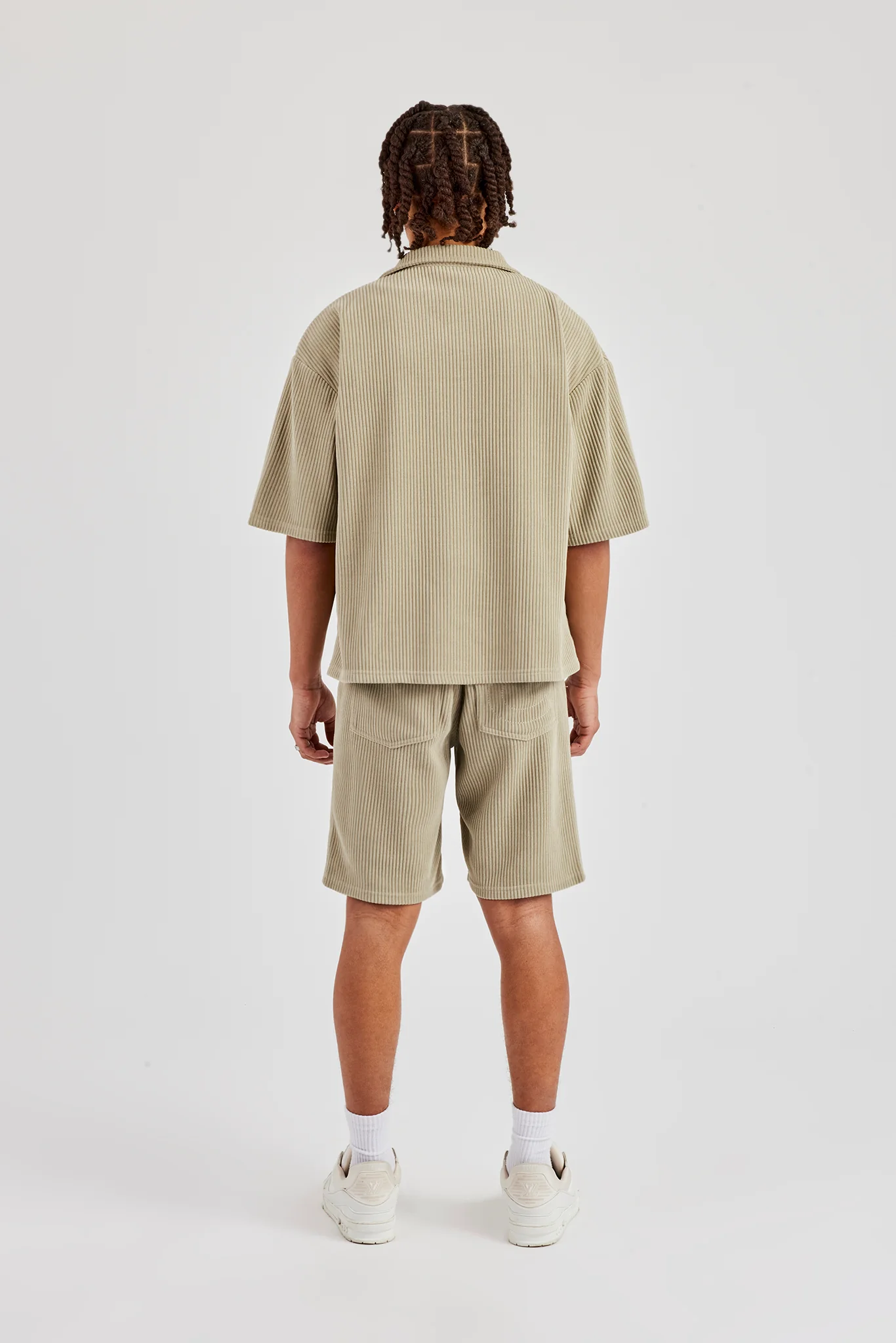 Cord Button Front Revere Shirt & Shorts - Khaki - Image 3