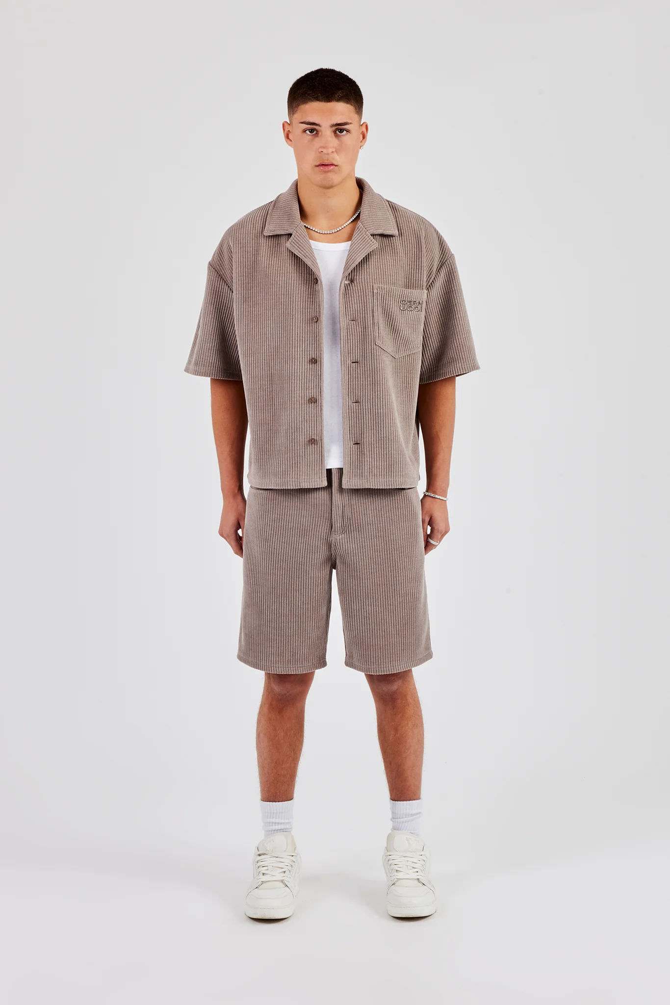 Cord Button Front Revere Shirt & Shorts - Taupe
