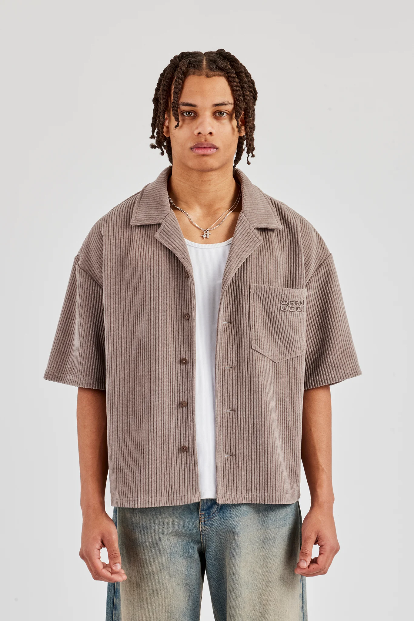 Cord Button Front Revere Shirt - Taupe - Image 2