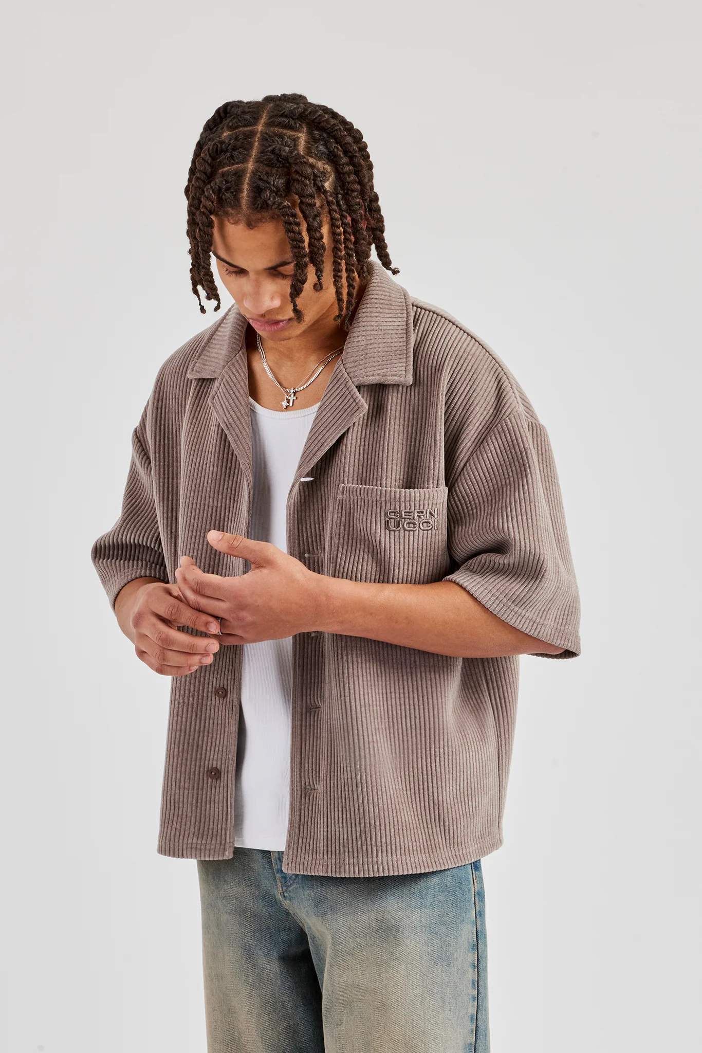 Cord Button Front Revere Shirt - Taupe - Image 4