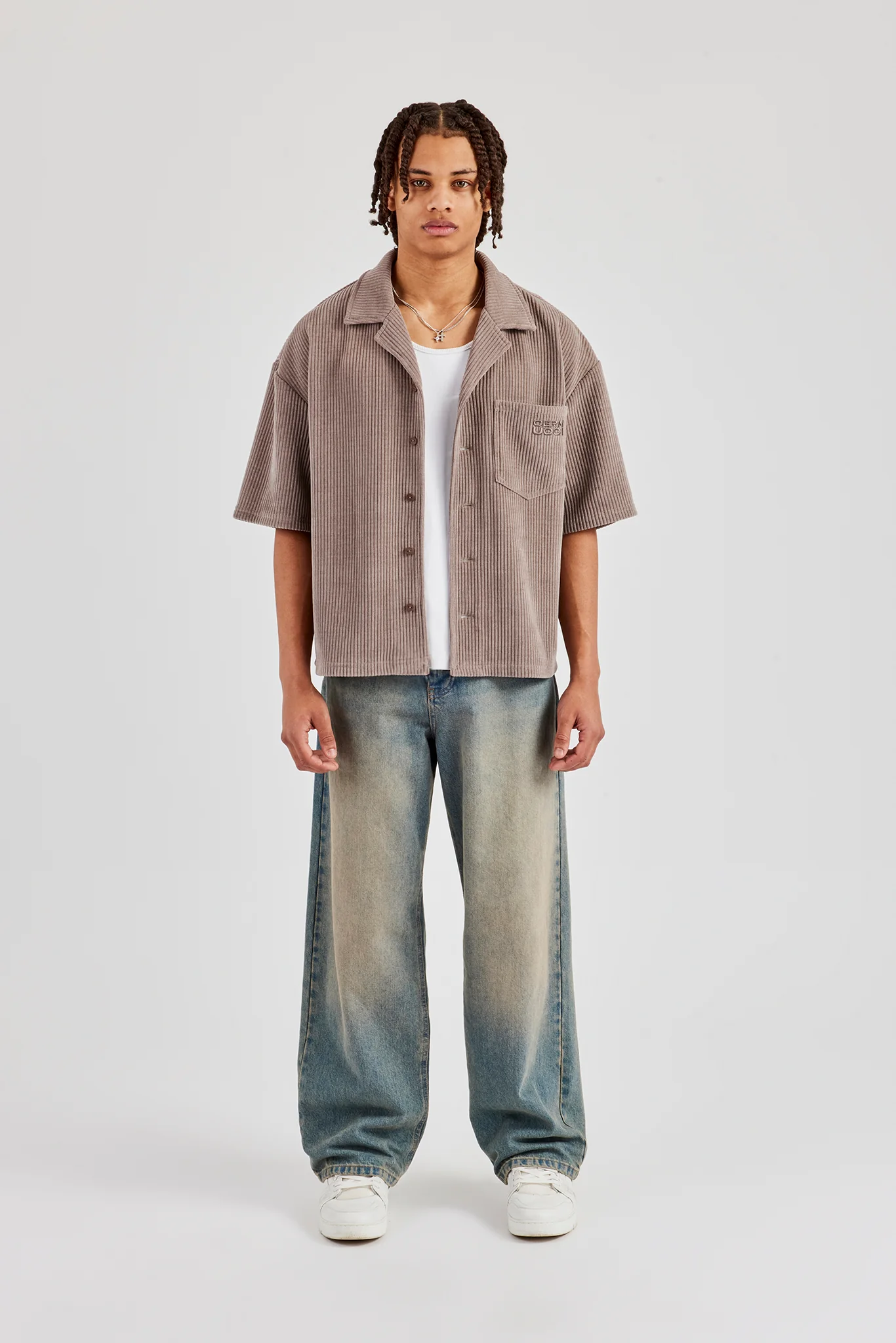 Cord Button Front Revere Shirt - Taupe - Image 5