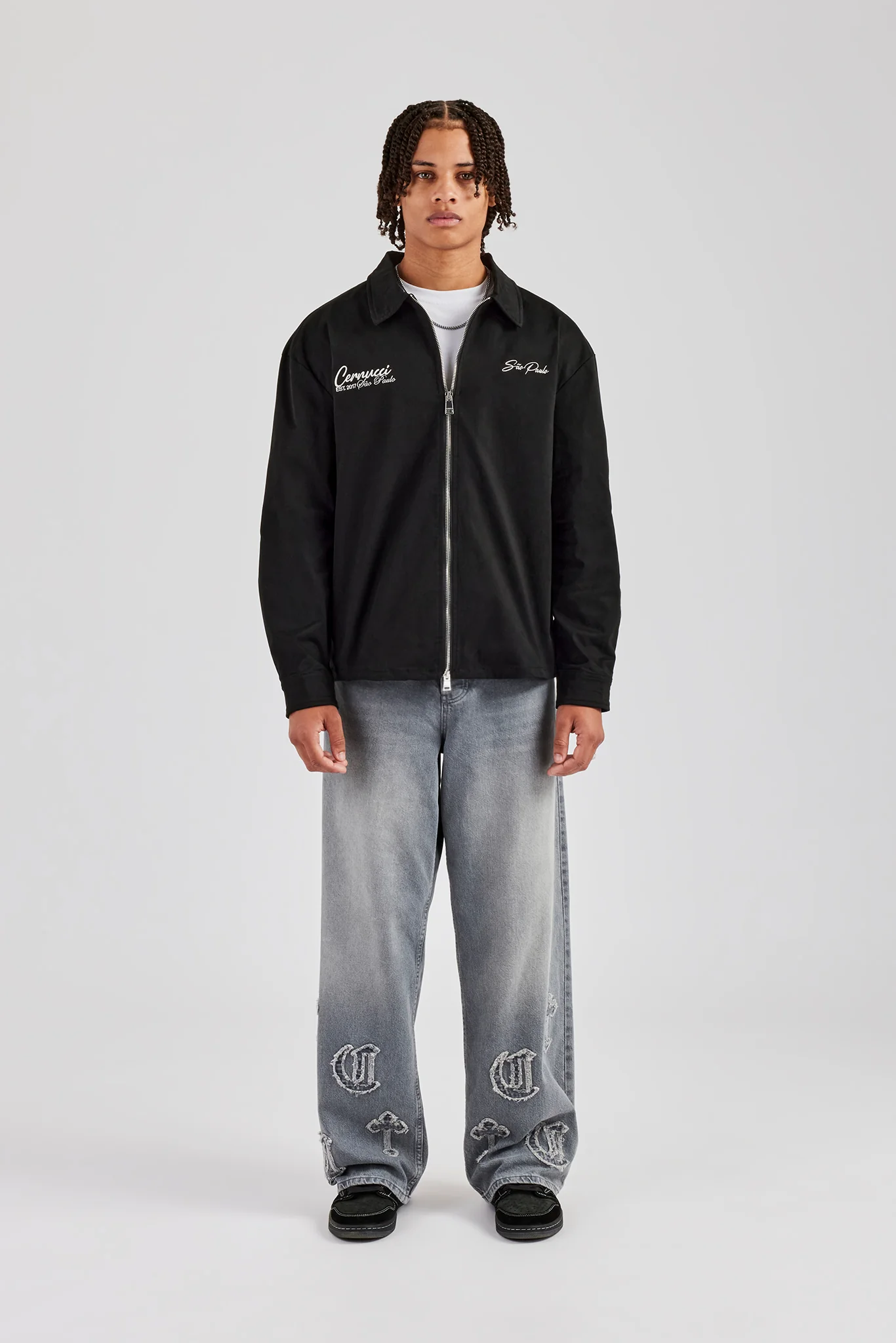 Cotton Zip Up Embroidered Shirt - Black - Image 3