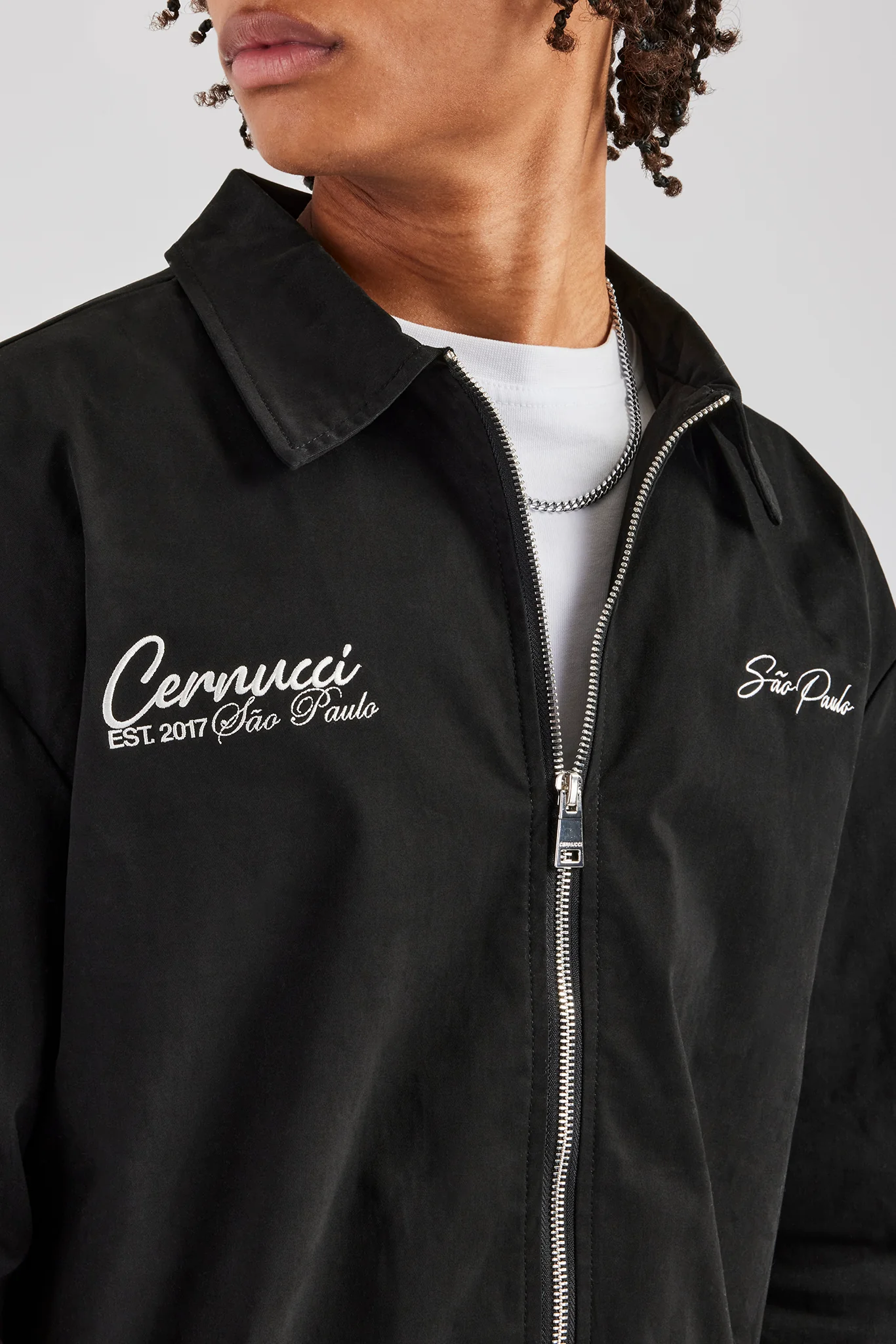 Cotton Zip Up Embroidered Shirt - Black - Image 4