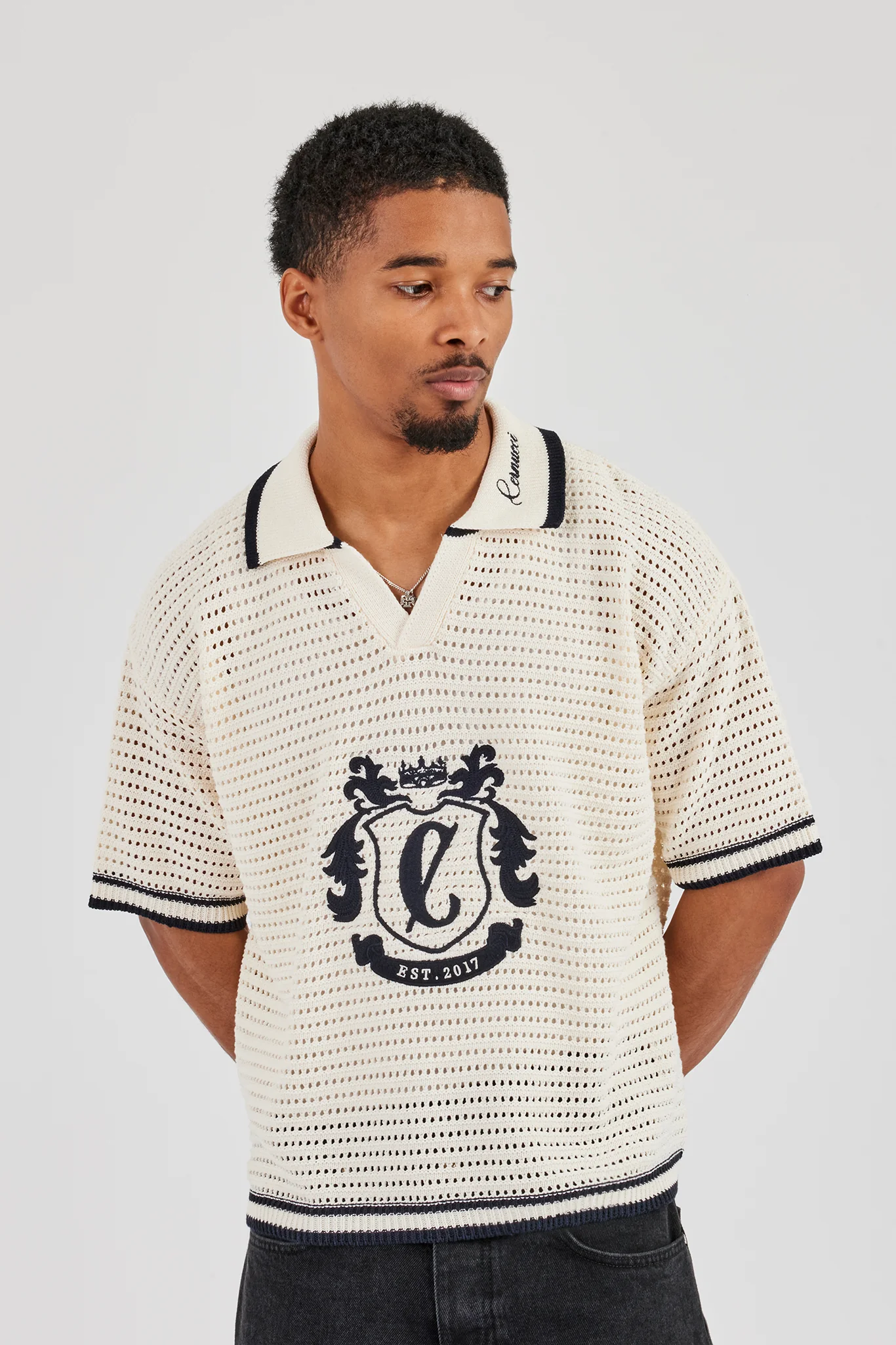 Crest Embroidered Knit Polo - Off White - Image 4
