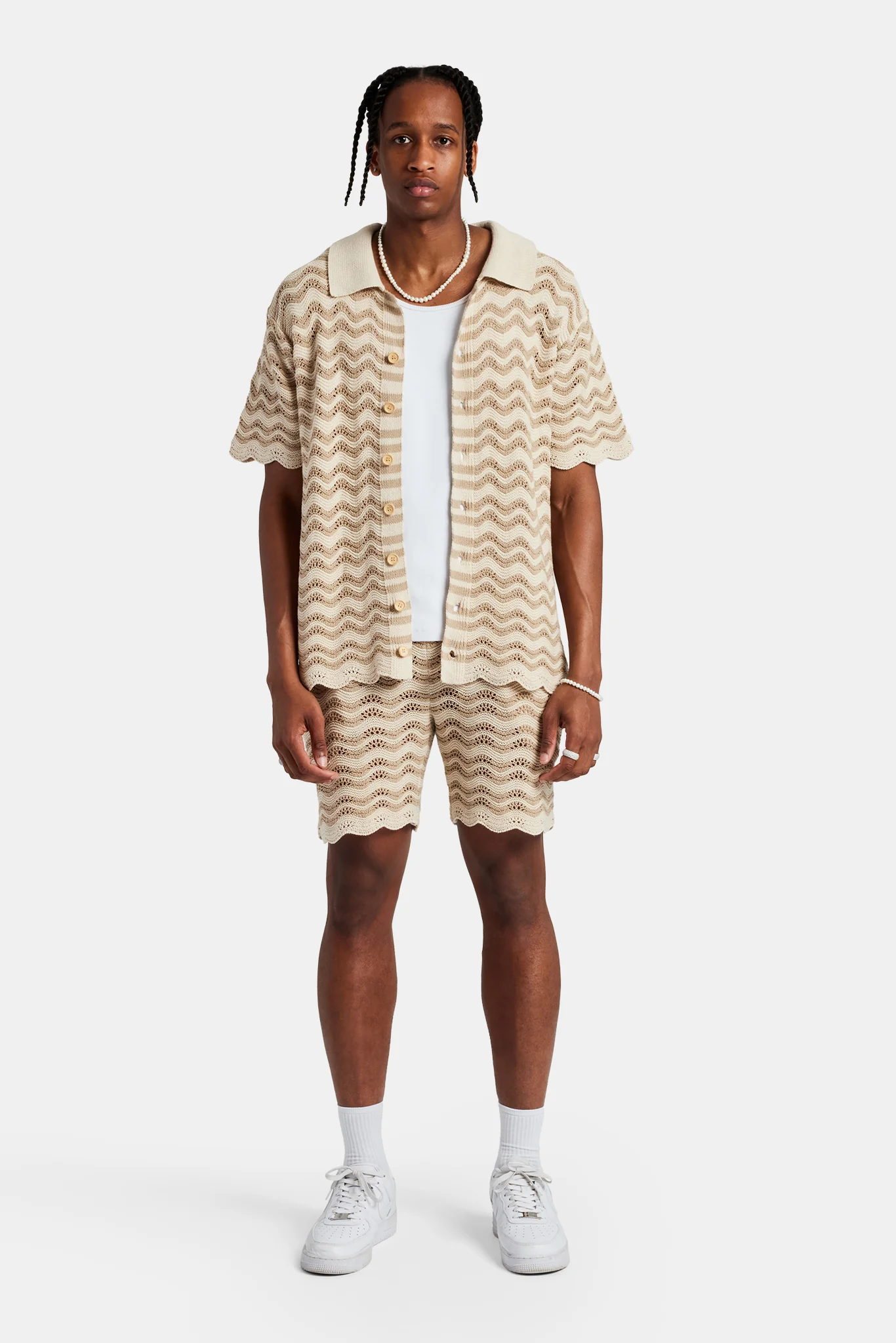 Crochet Knitted Embroidered Shirt & Short Set - Beige - Image 3