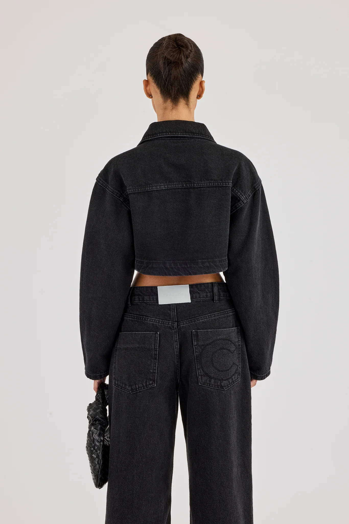 Cropped Curved Hem Denim Jacket & Low Rise Jeans - Washed Black - Image 4