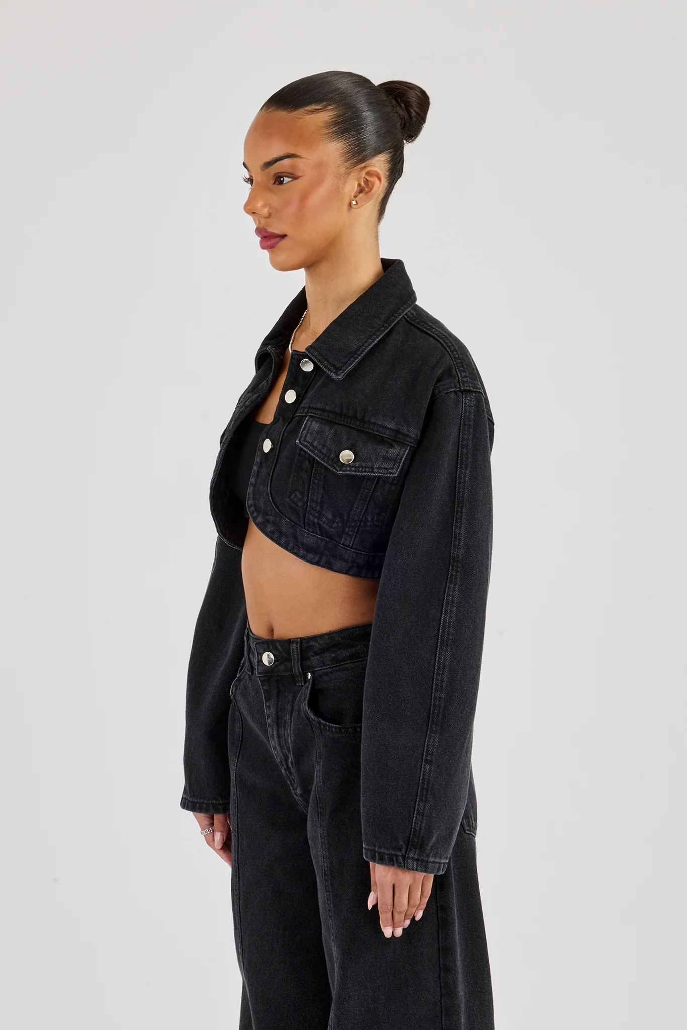 Cropped Curved Hem Denim Jacket - Washed Black - Image 2