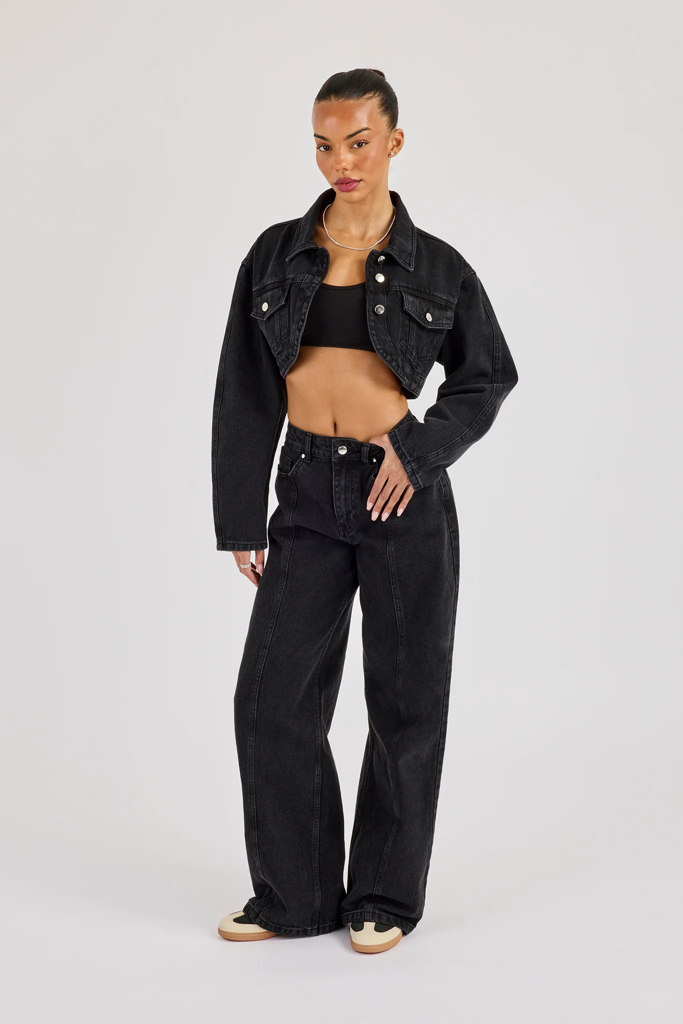Cropped Curved Hem Denim Jacket - Washed Black - Image 4