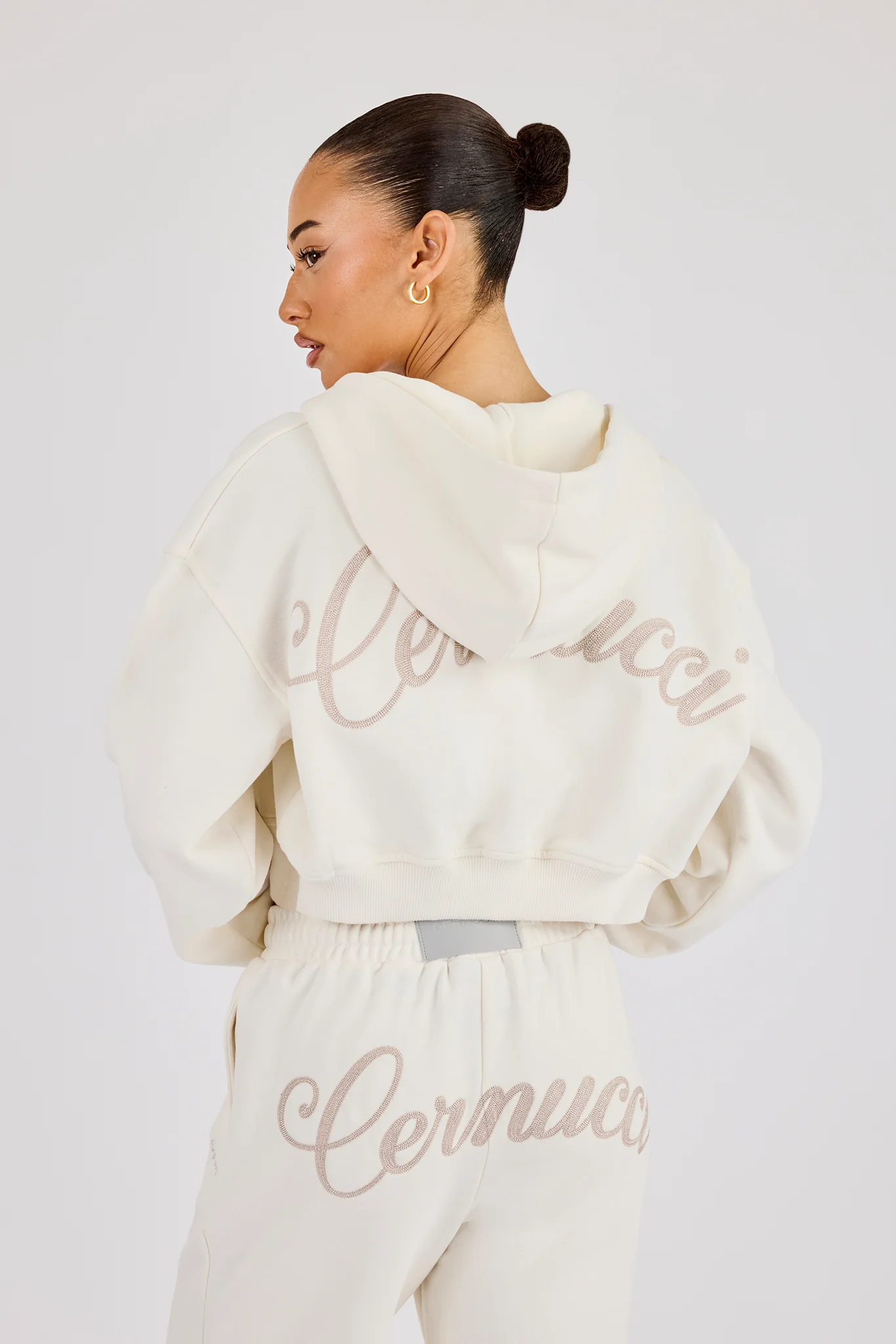 Cropped Embroidered Logo Zip Through Hoodie - Off White