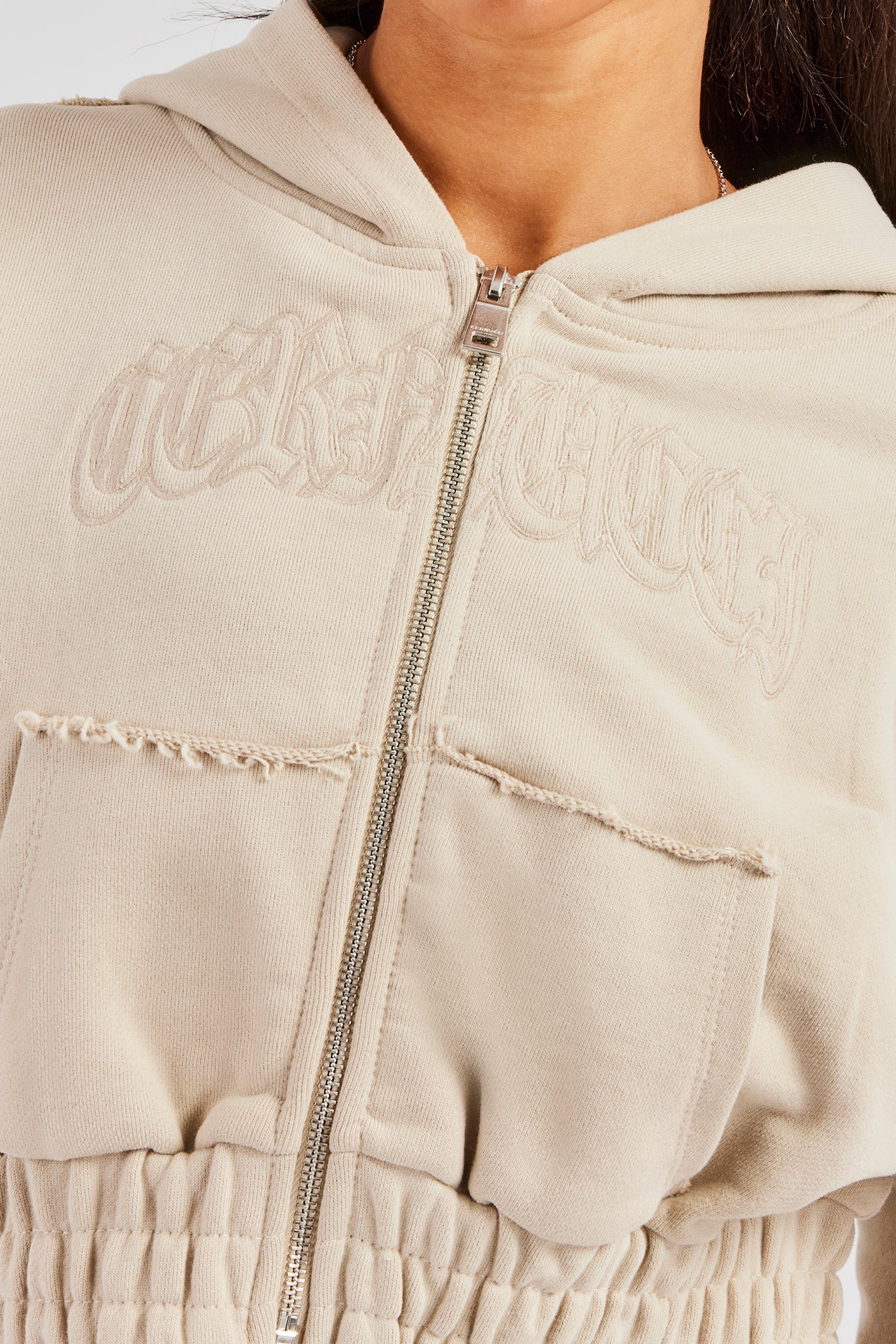 Cropped Exposed Seam  Zip Through Hoodie - Stone - Image 2