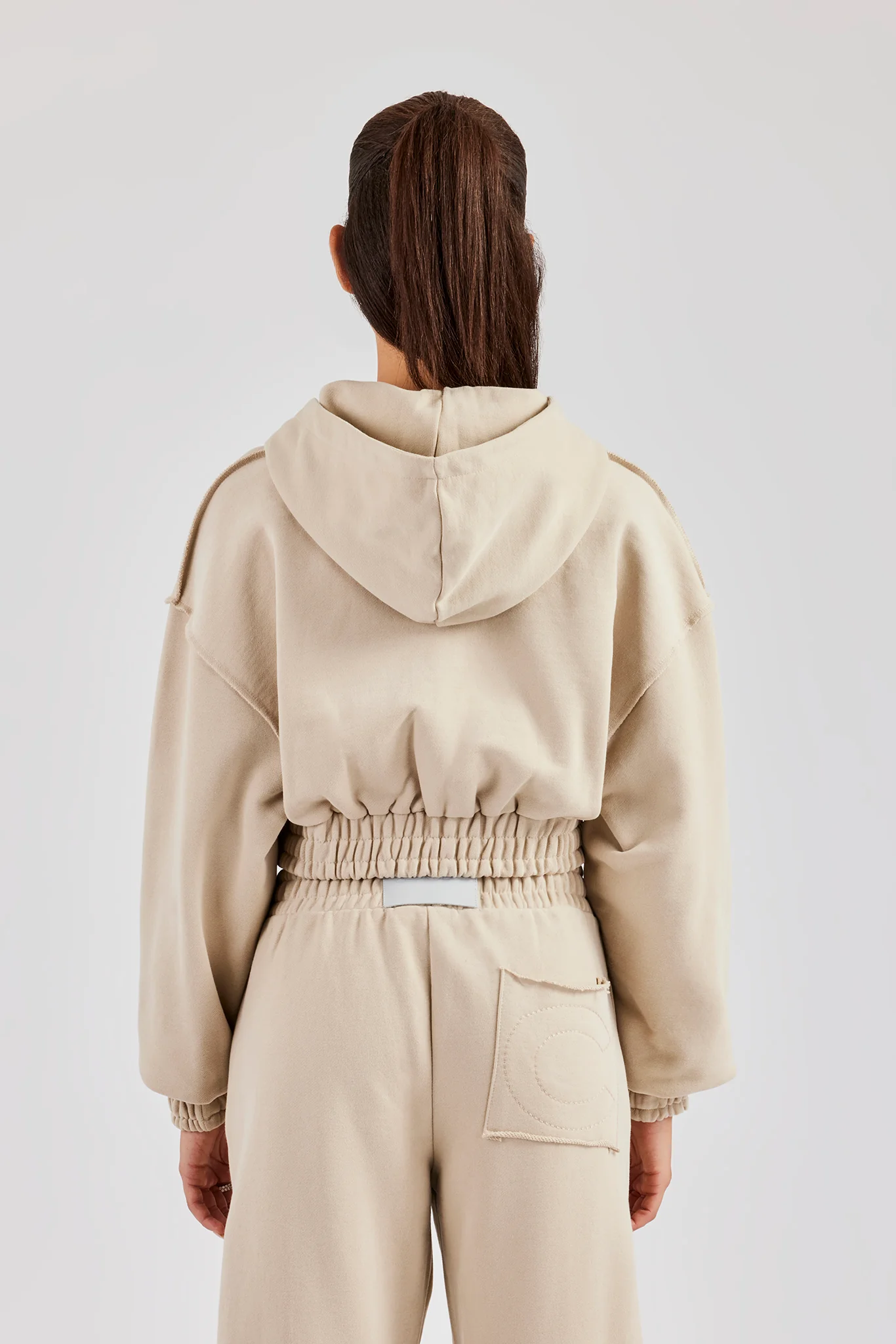 Cropped Exposed Seam  Zip Through Hoodie - Stone - Image 3