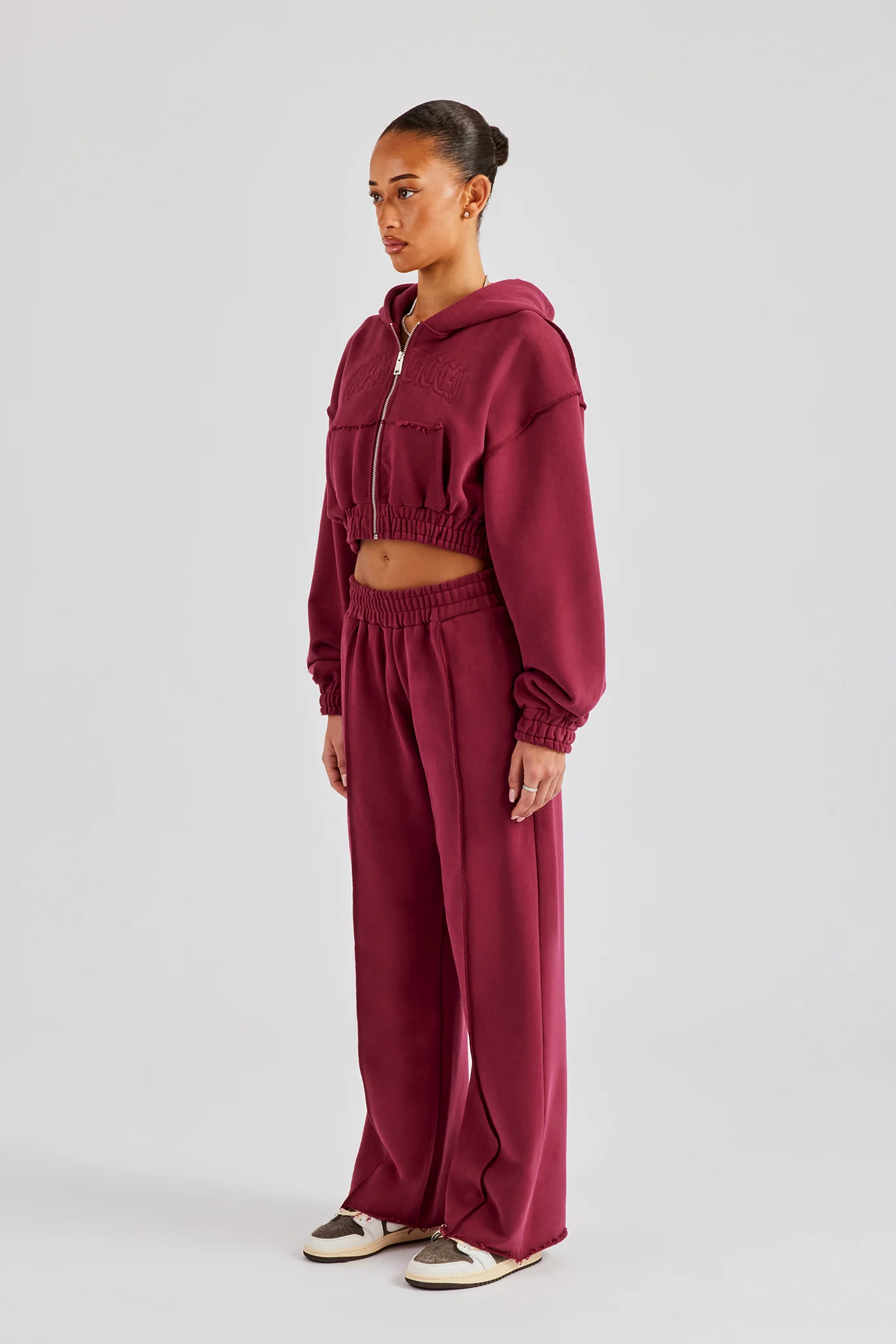 Cropped Exposed Seam Zip Through Tracksuit - Cherry Red - Image 2