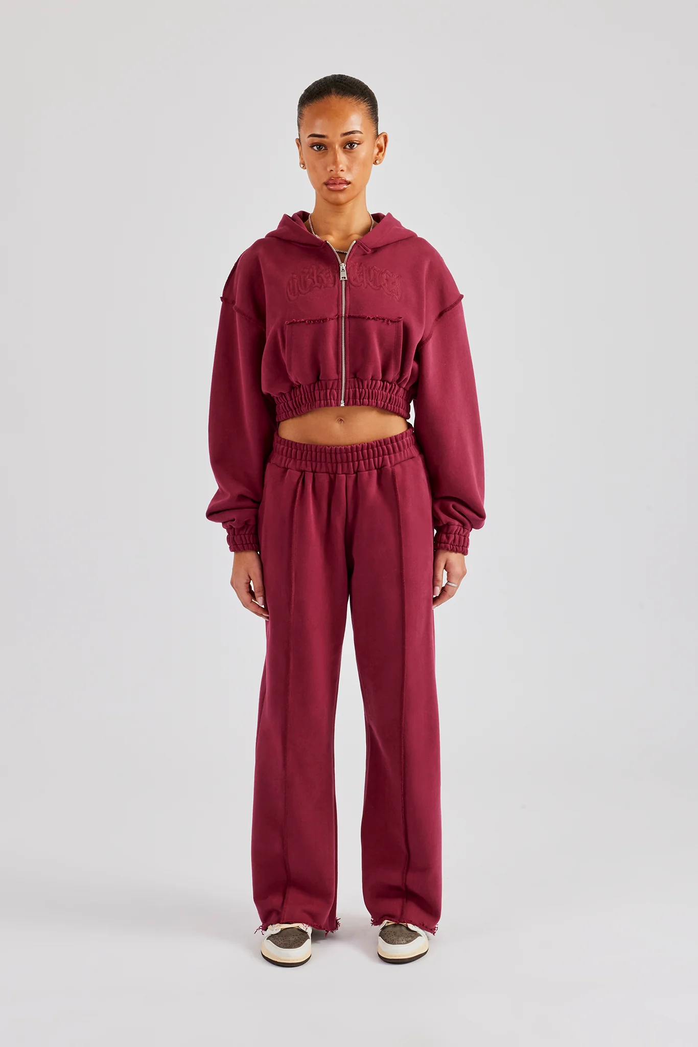 Cropped Exposed Seam Zip Through Tracksuit - Cherry Red - Image 4
