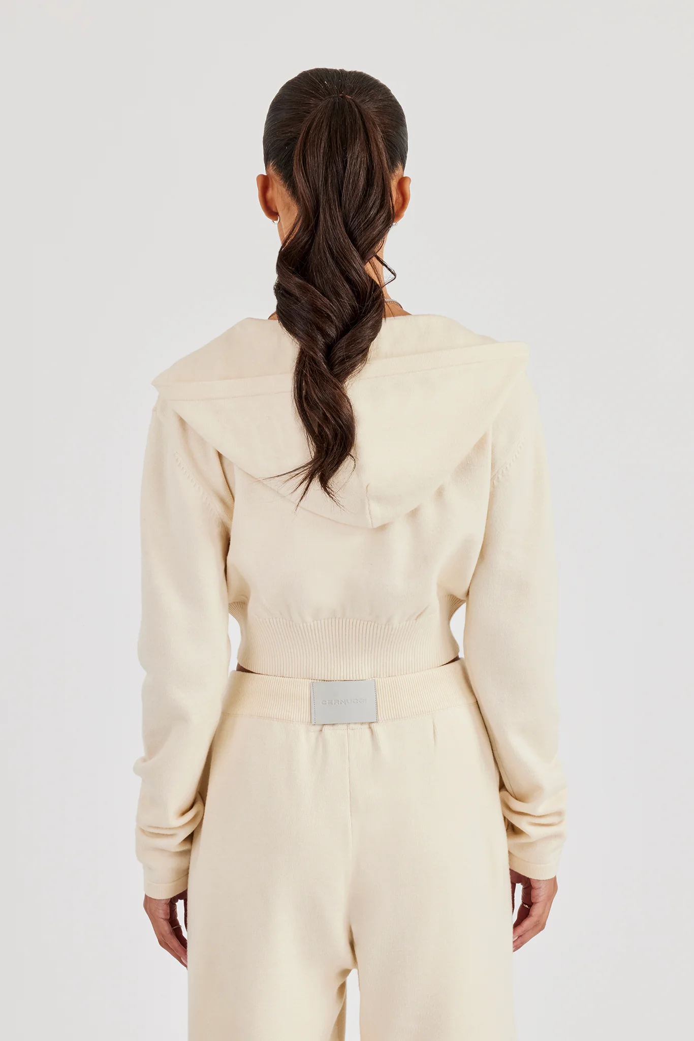 Cropped Knit Zip Hoodie - Cream - Image 3