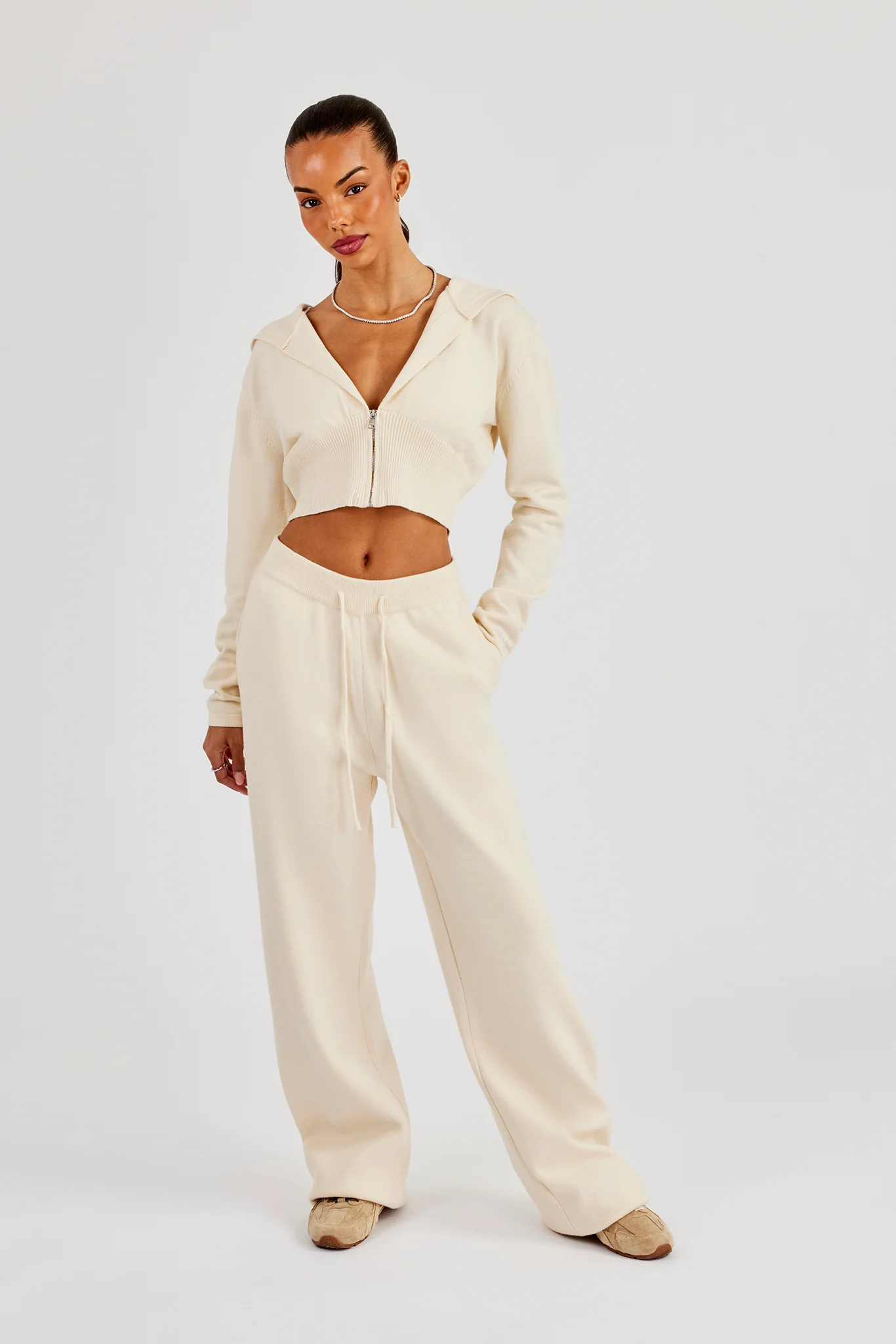 Cropped Knit Zip Hoodie & Jogger - Cream - Image 2