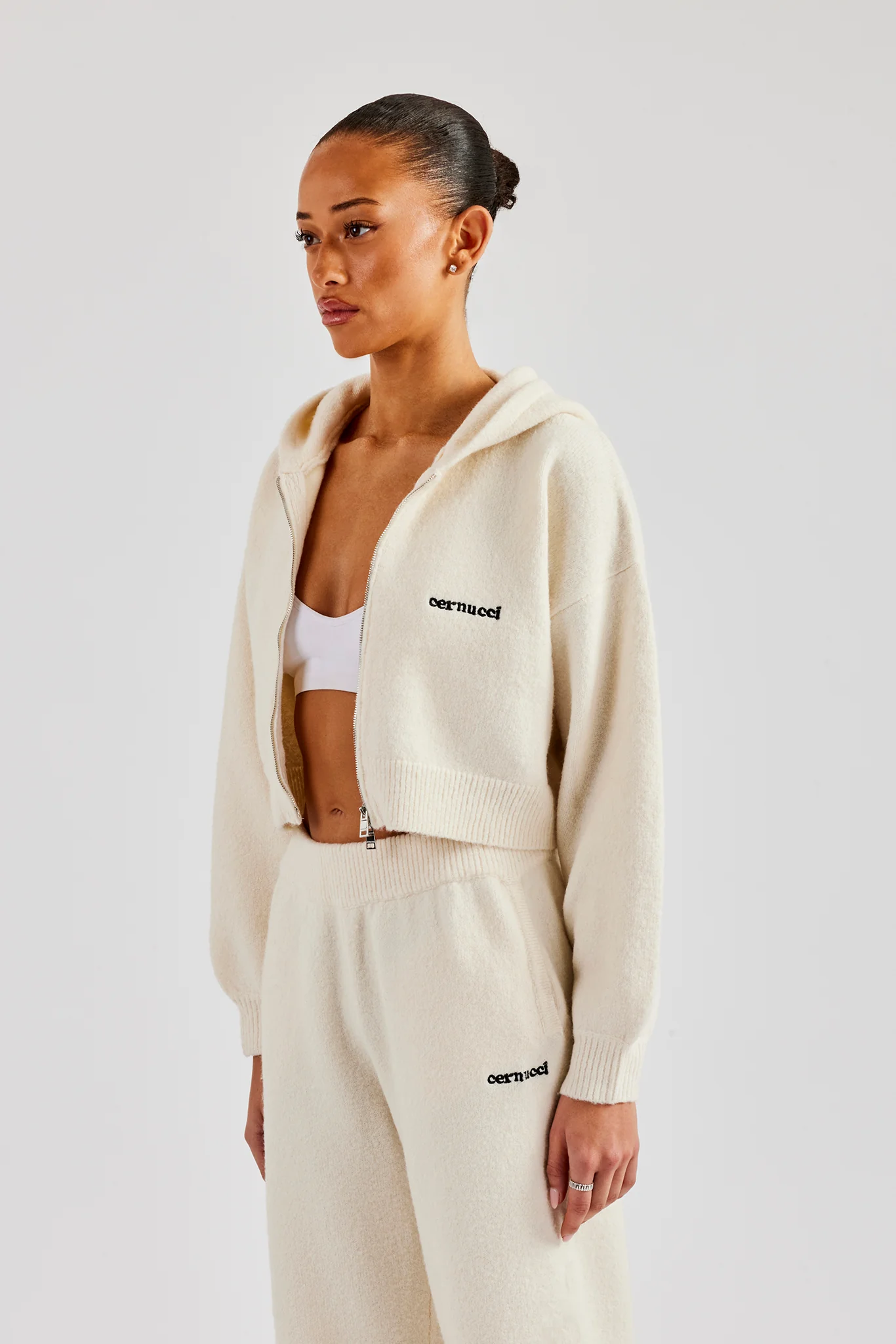 Cropped Knitted Zip Through Hoodie - Ecru - Image 2