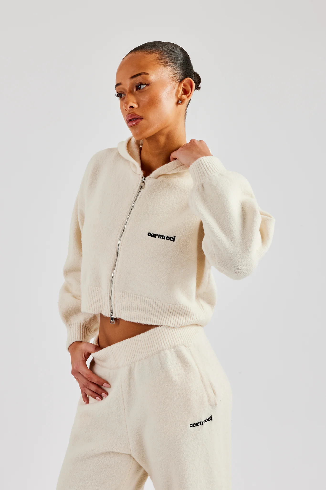 Cropped Knitted Zip Through Hoodie - Ecru - Image 3