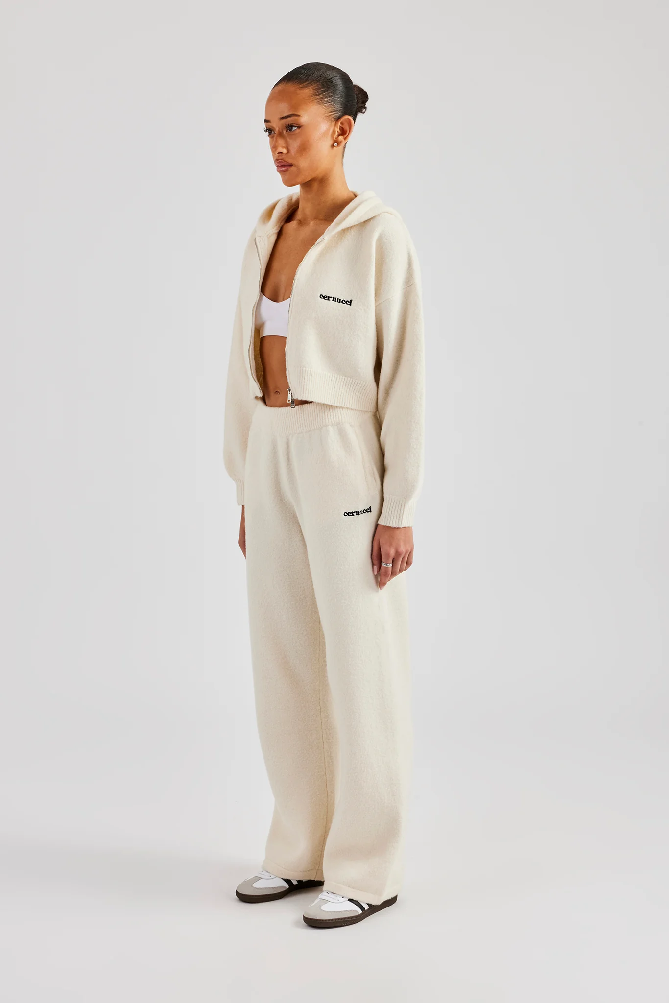 Cropped Knitted Zip Through Tracksuit - Ecru - Image 2