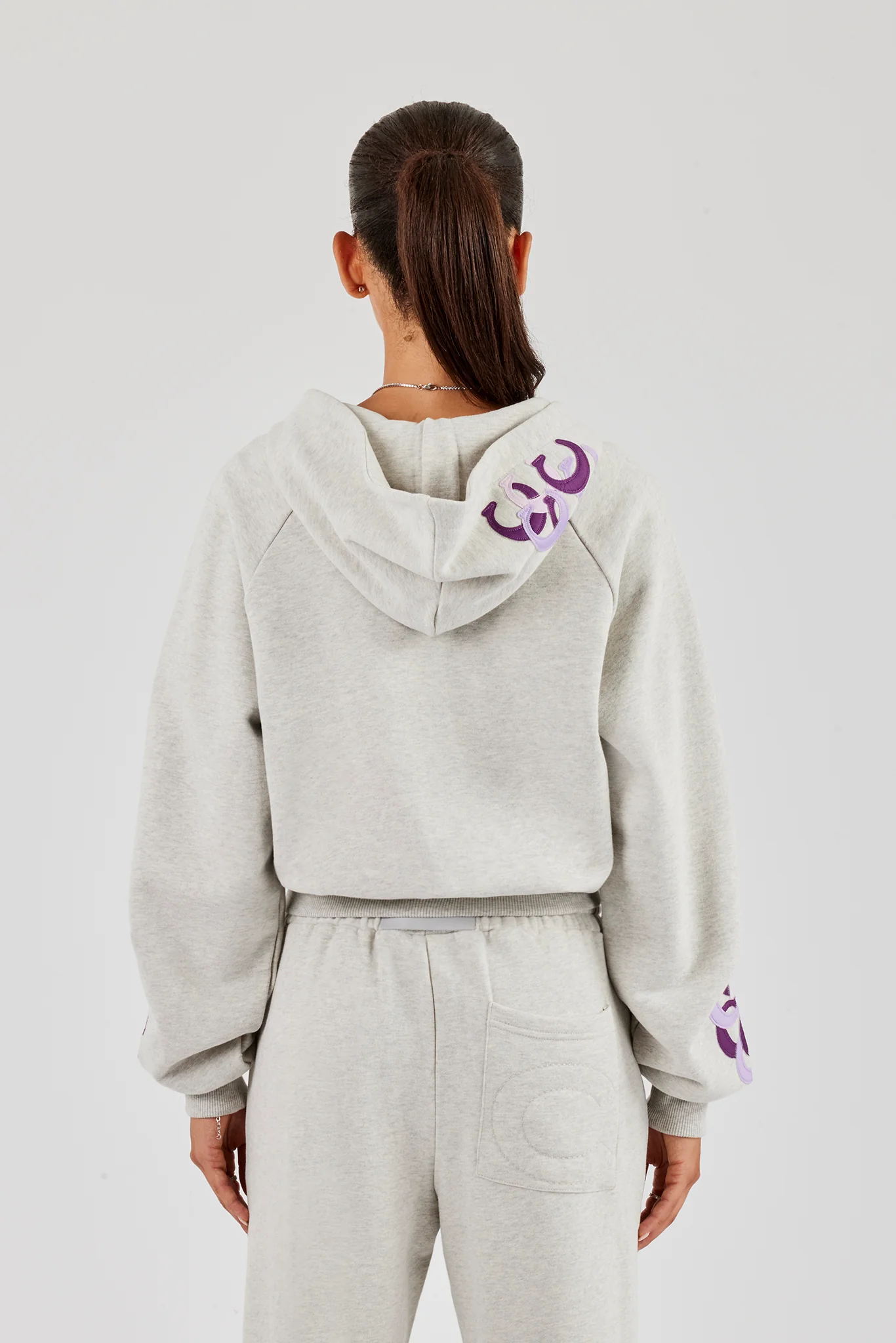 Cropped Layered Applique Zip Hoodie - Ash Grey - Image 2