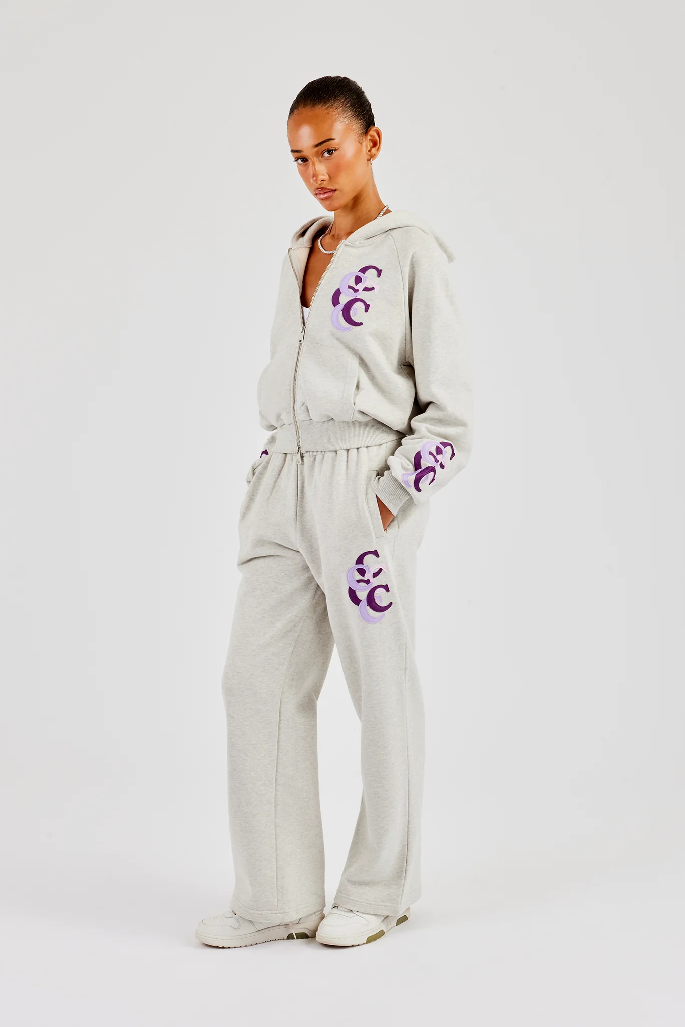 Cropped Layered Applique Zip Hoodie & Wide Leg Jogger - Ash Grey - Image 2