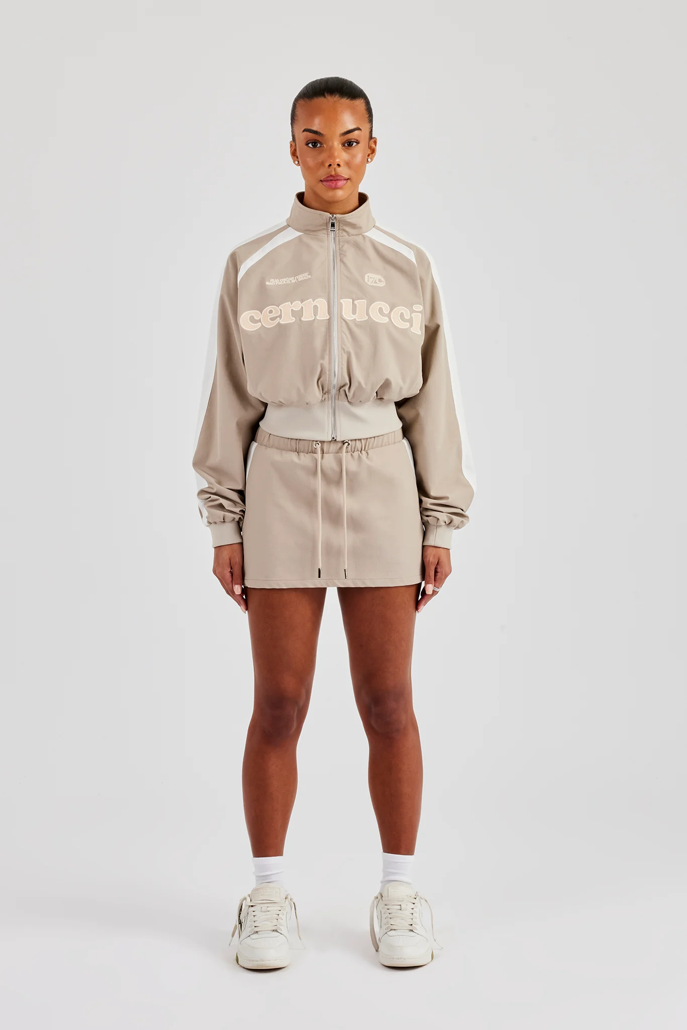 Cropped Panelled Nylon Track Jacket & Mini Skirt - Stone - Image 2