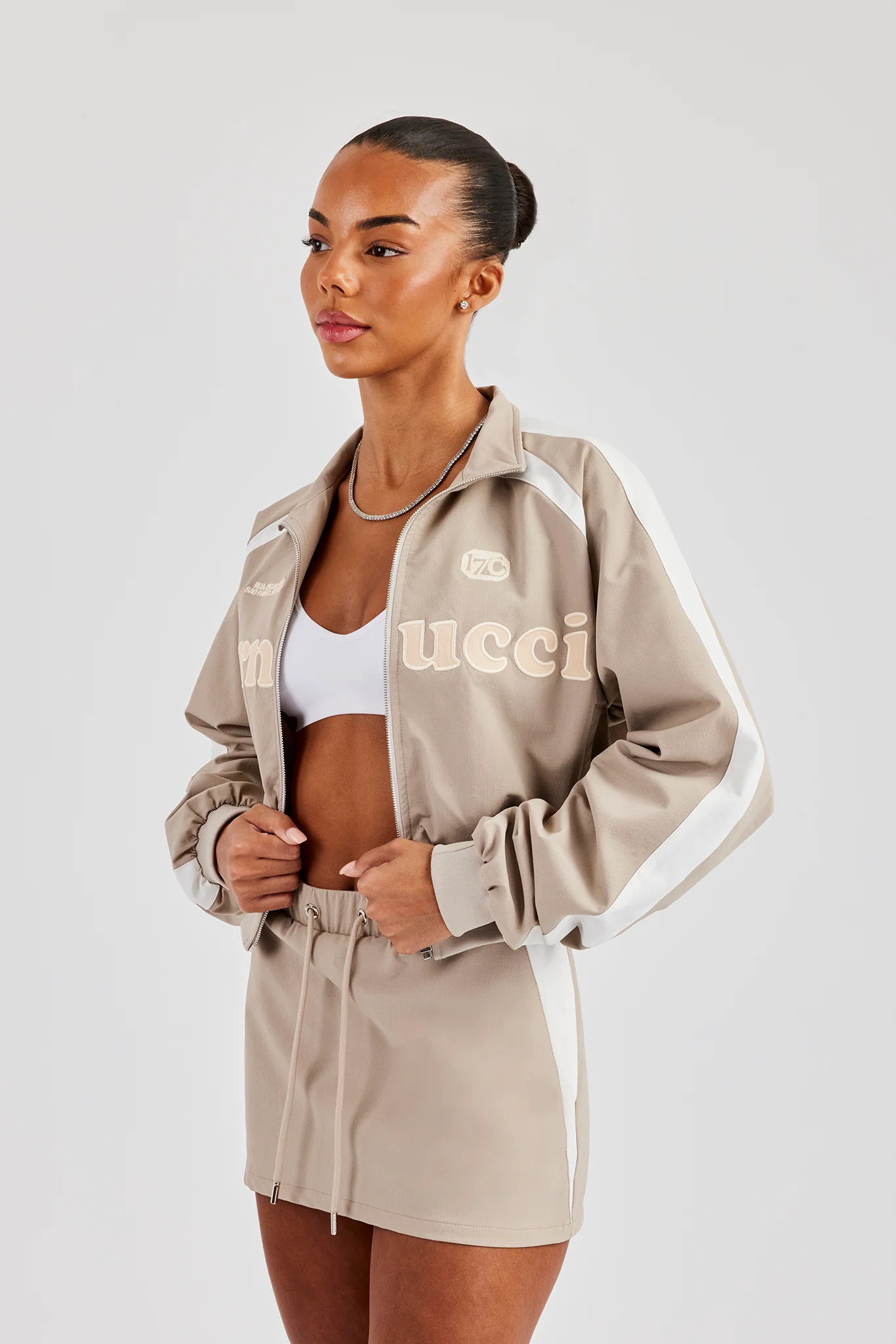 Cropped Panelled Nylon Track Jacket - Stone - Image 5